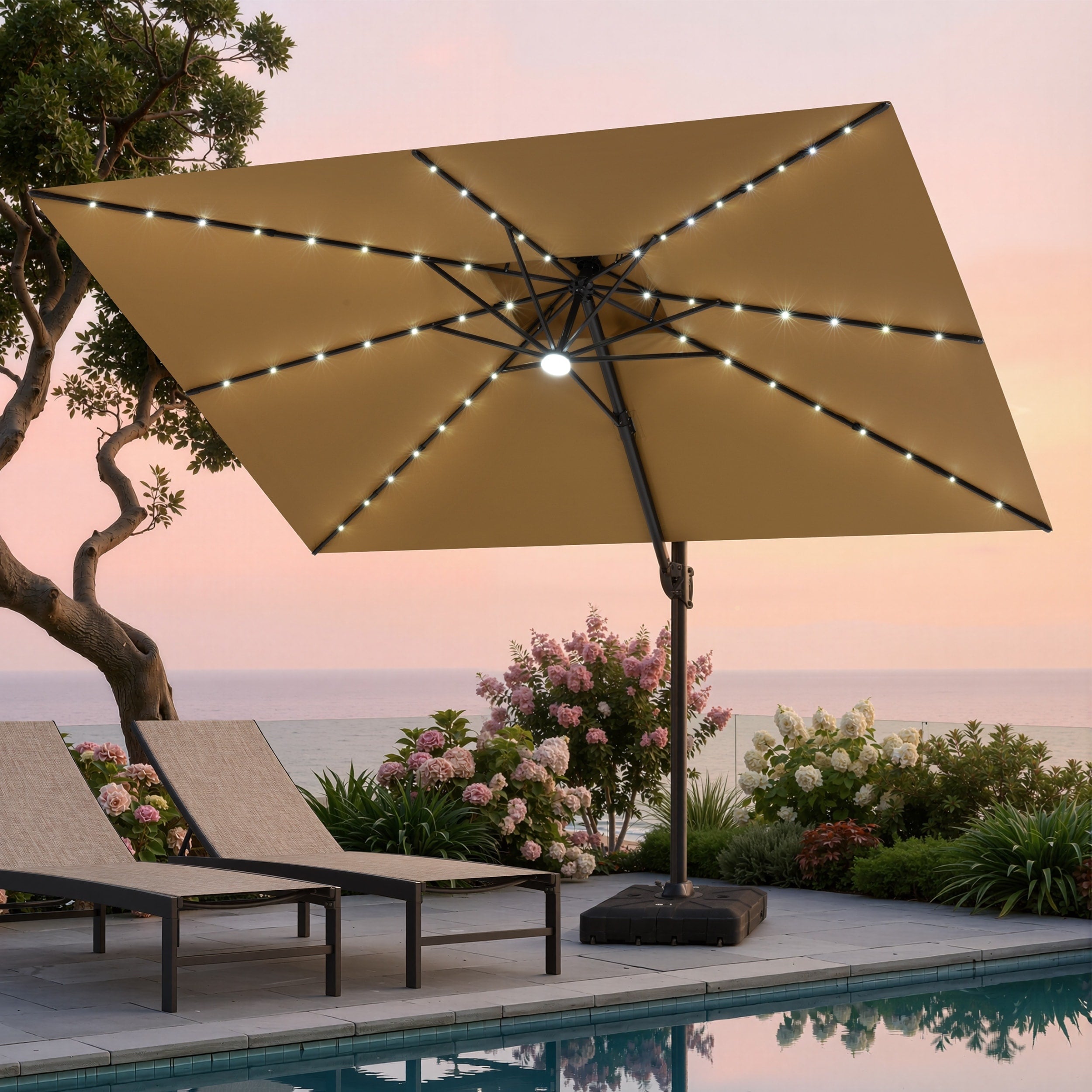 13 X 10 Ft Outdoor Patio Double Top Solar Powered Led Cantilever Offset Umbrella And Weighted Base W Wheels