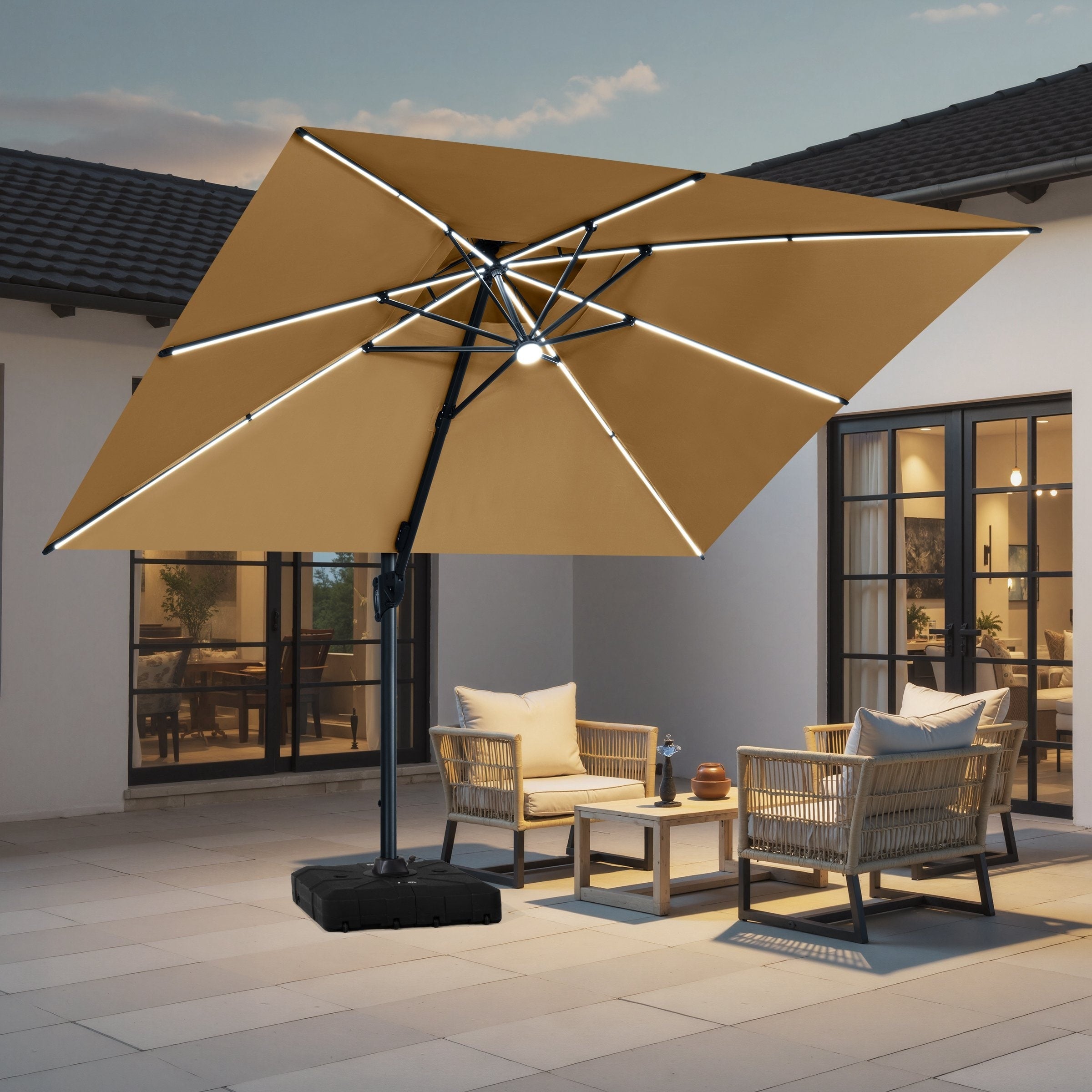 13 X 10Ft Solar Powered Led Patio Cantilever Umbrella 360 Degree Rotation With Weighted Base