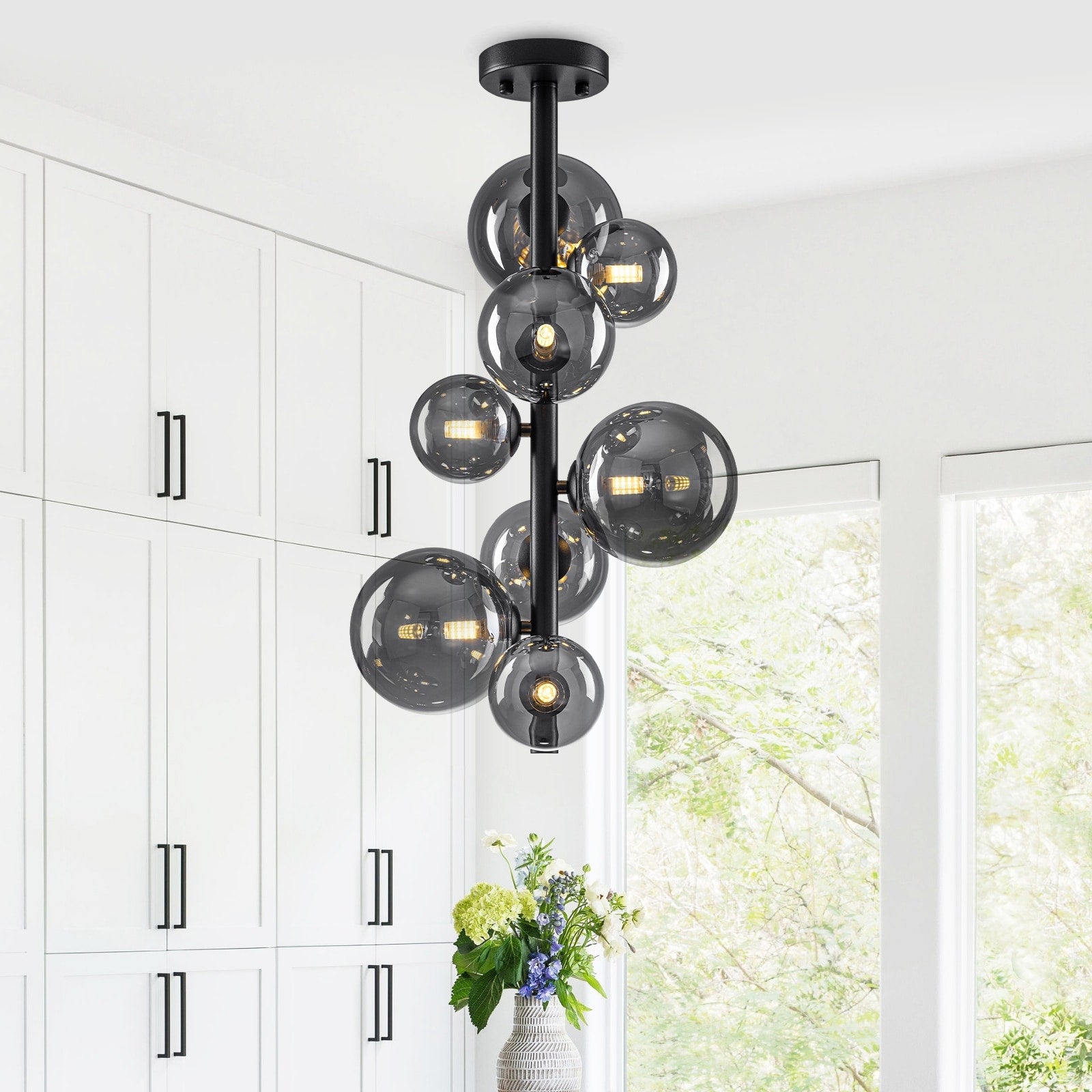8 Lights Modern Semi Flush Mount Ceiling Light Smoky Gray Glass Globe