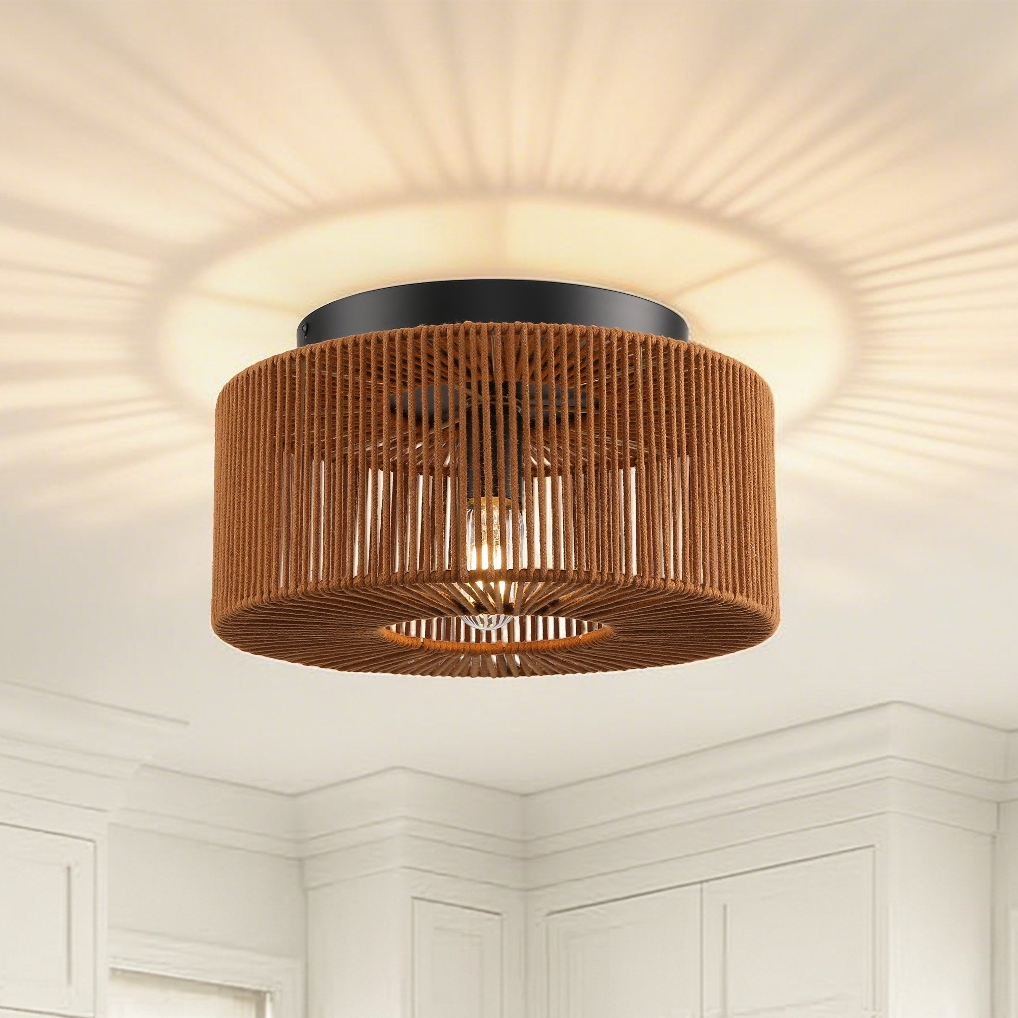 13.8 1 Light Farmhouse Brown Caged Flush Mount Ceiling Light With Cotton Thread Shade 13.78 D X 13.78 W X 7.48 H