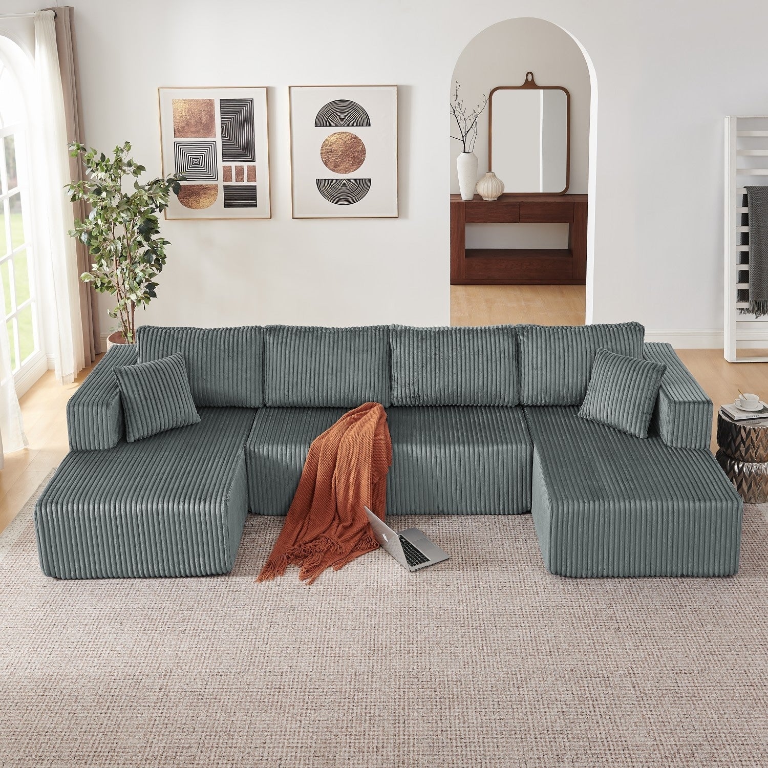 132 U Shaped Corduroy Sectional Sofa With Chaises No Assembly Required