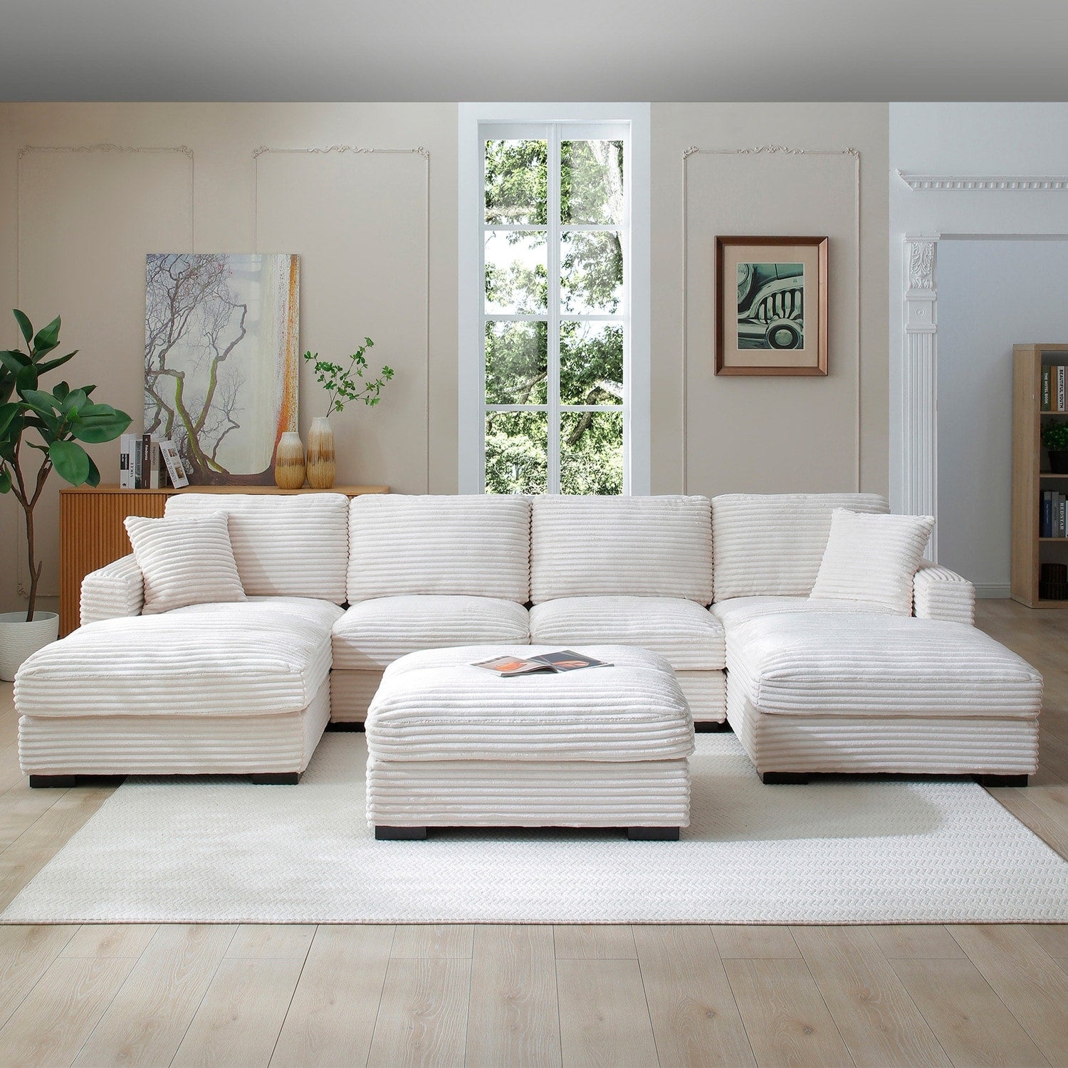 136 In.W Brown Finish Corduroy Upholstery U Shaped Straight Arm Sectional Sofa