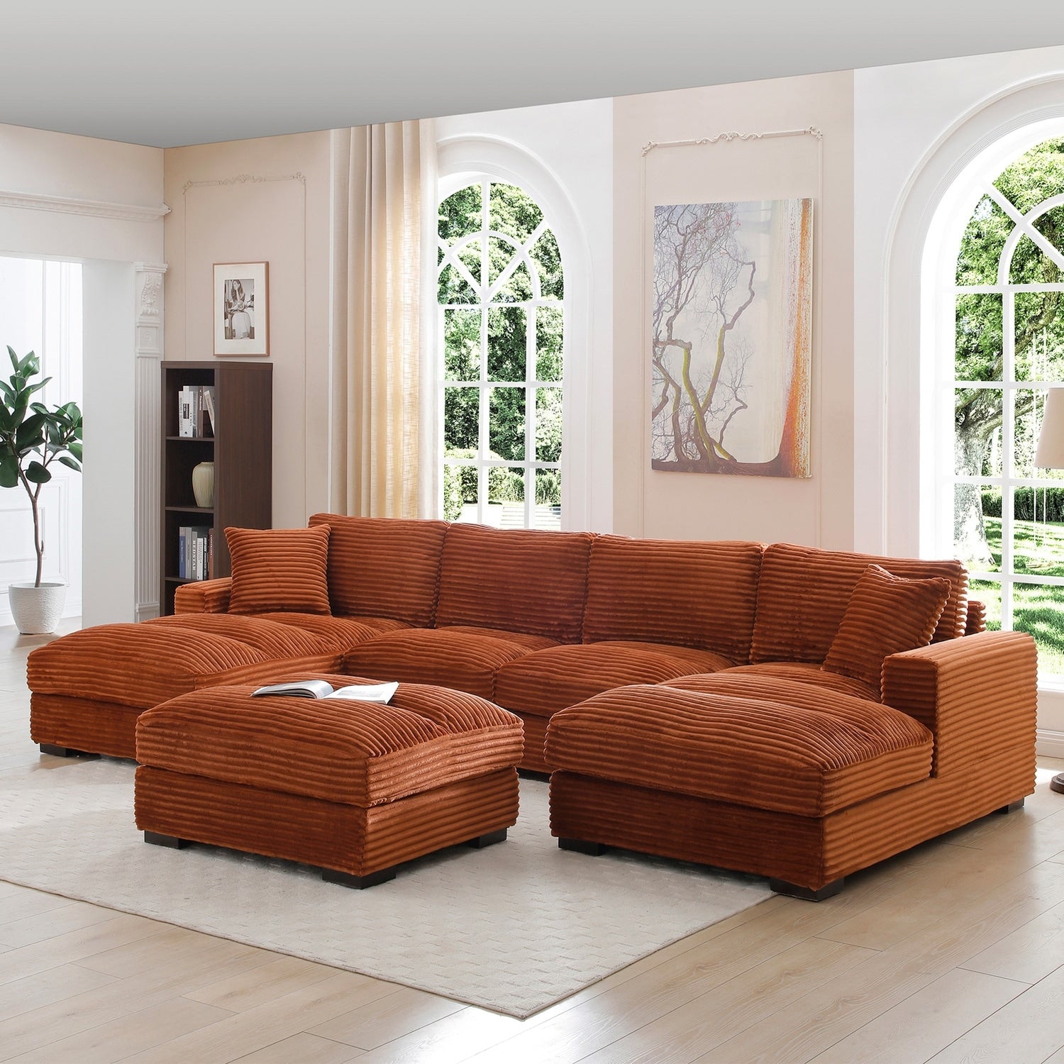 136 In.W Brown Finish Corduroy Upholstery U Shaped Straight Arm Sectional Sofa