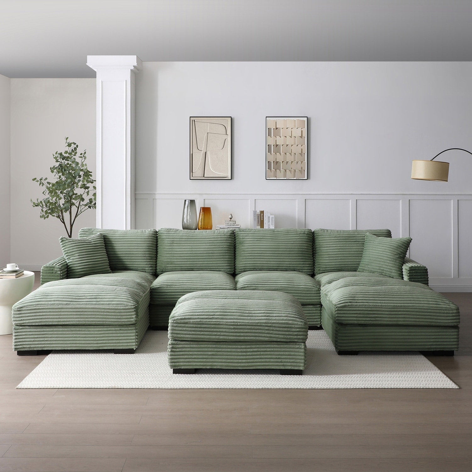 136 In.W Green Finish Corduroy Upholstery U Shaped Straight Arm Sectional Sofa