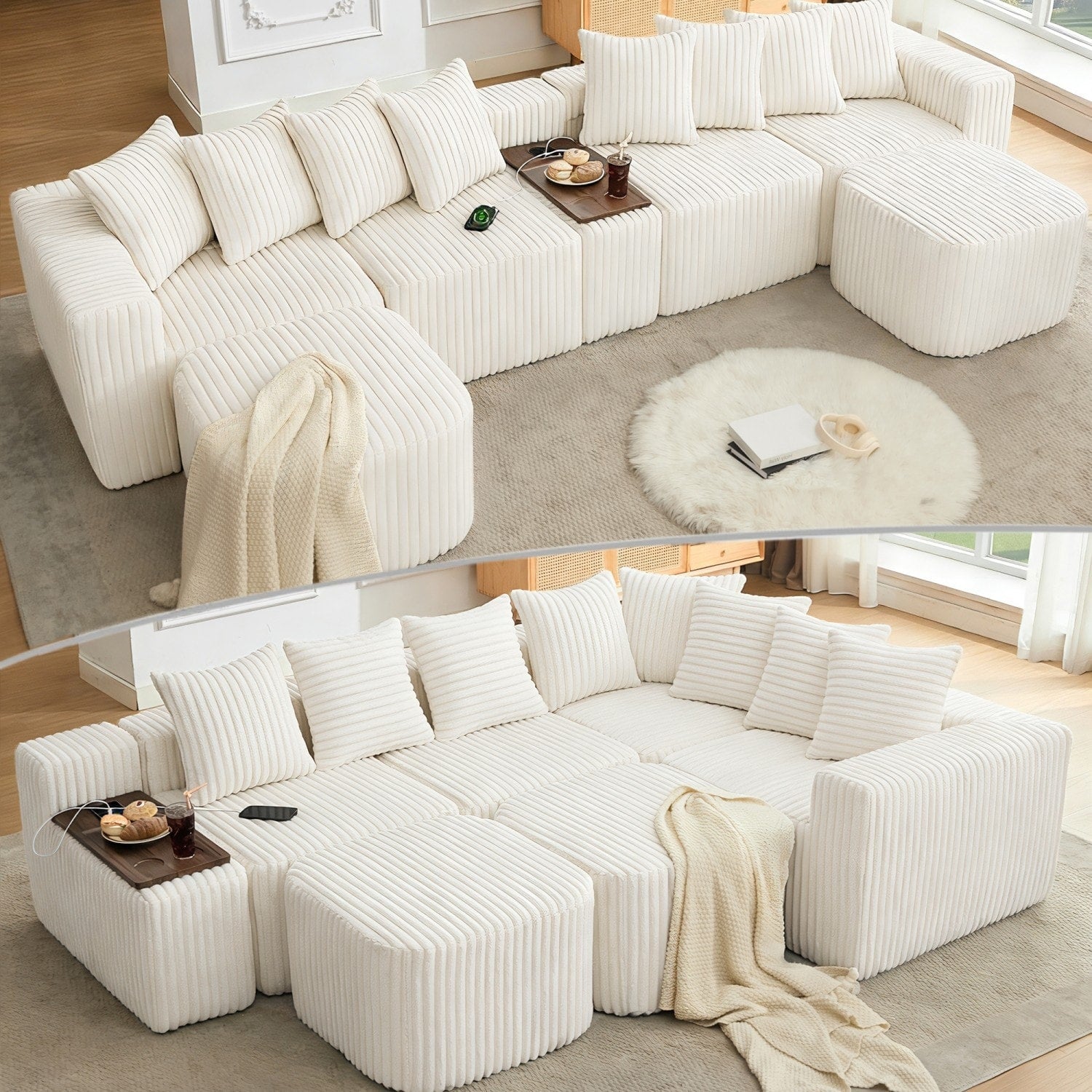 137.5 U Shaped Sectional Sofa With Coffee Table Board And Ottoman
