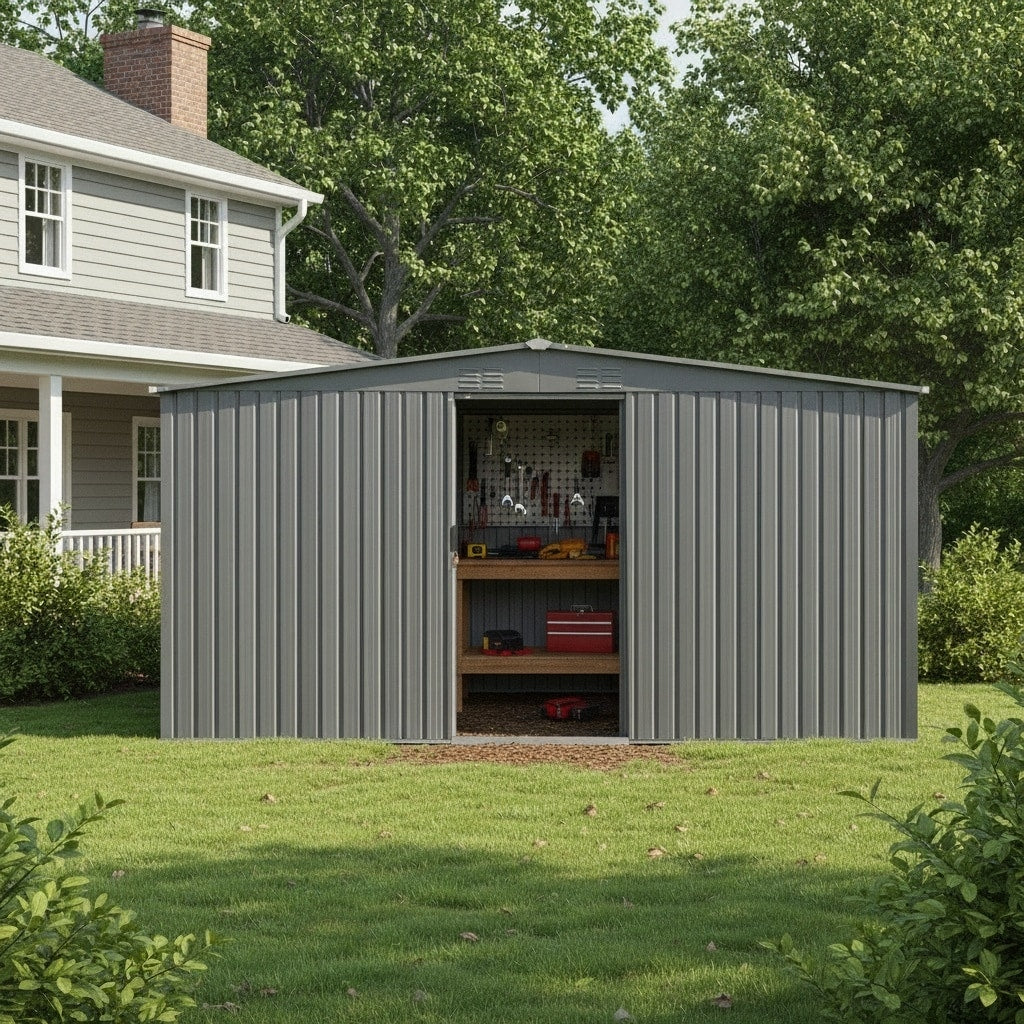 13X11 Ft New Outdoor Storage Shed With Metal Shed And Firewood Shed More Suitable For Winter Grey