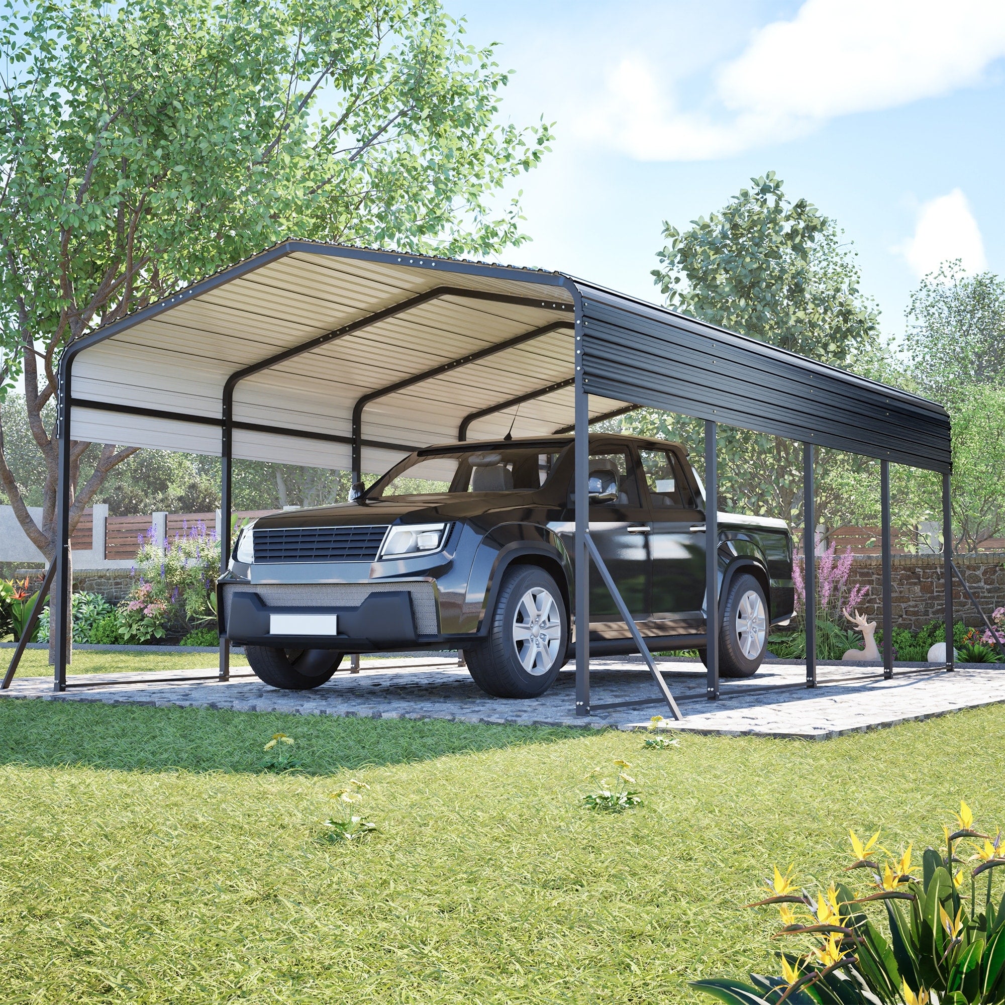 13X20 Ft Metal Carport Garage With Upgraded Triangle Reinforced Frame 4 Poles Galvanized Steel Hardtop Roof