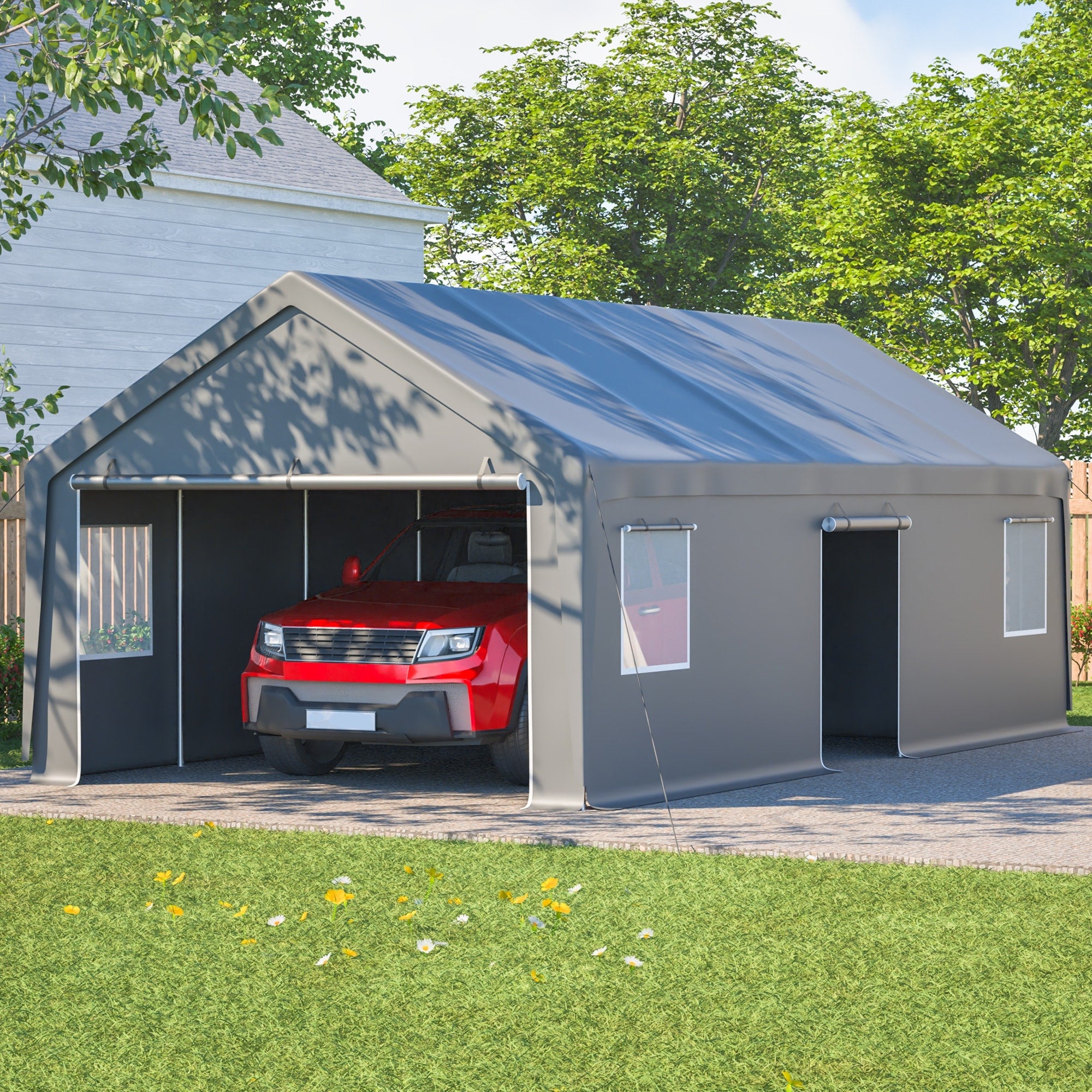 13X26 Ft Heavy Duty Carport Canopy With 2 Roll Up Doors 1 Side Door Removable End Walls Windows