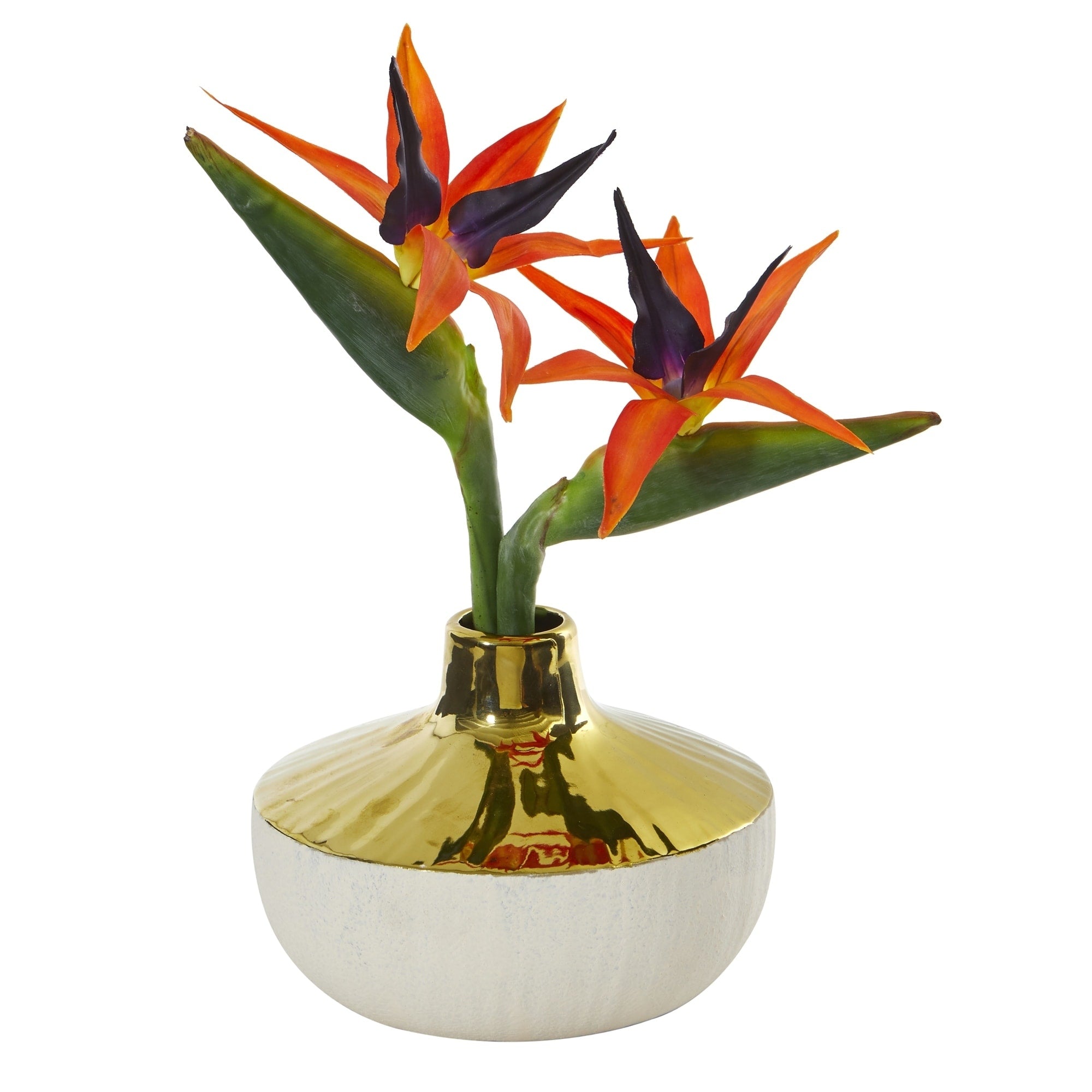 14 Bird Of Paradise Artificial Arrangement In Gold And Cream Elegant Vase