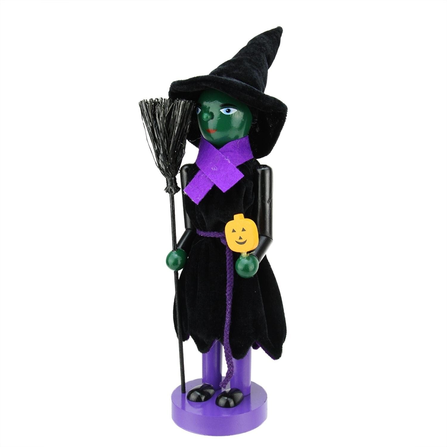 14 Green Witch Decorative Wooden Halloween Nutcracker Holding Broom And Jack O Lantern