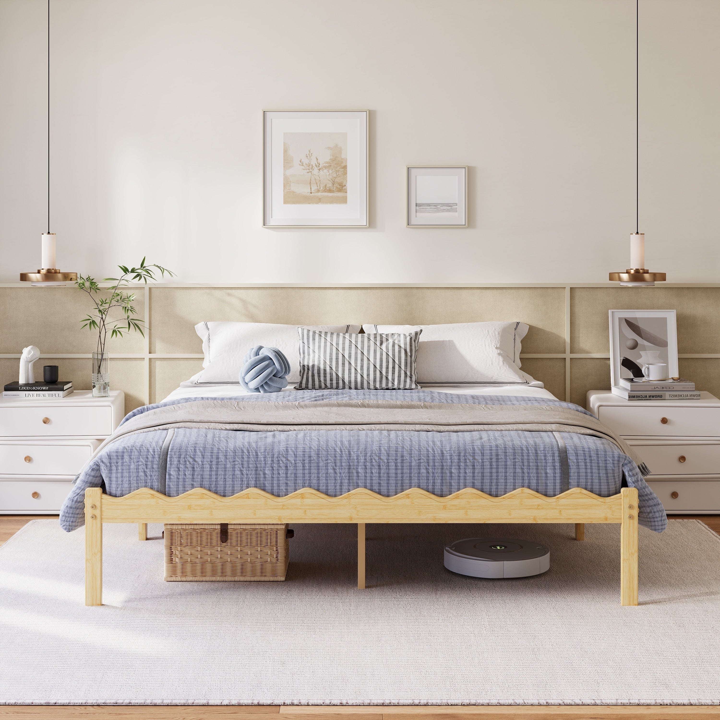 14 Inch Bamboo Bed Frame With Wave Edge Guard Metal Support No Box Spring Stable Noise Free