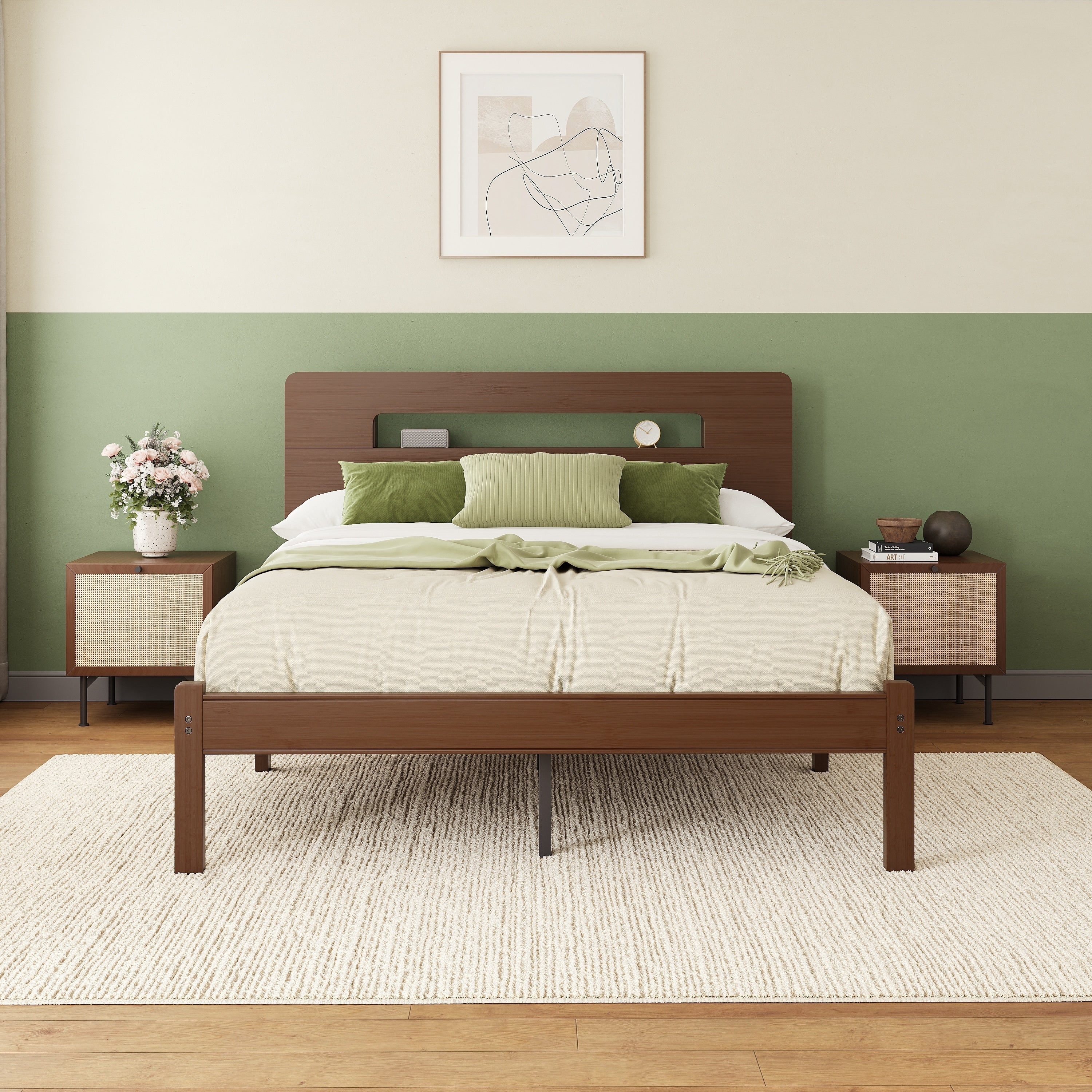 14 Inch Bamboo Metal Platform Bed Frame With Headboard Walnut Finish Noise Free Easy Assembly