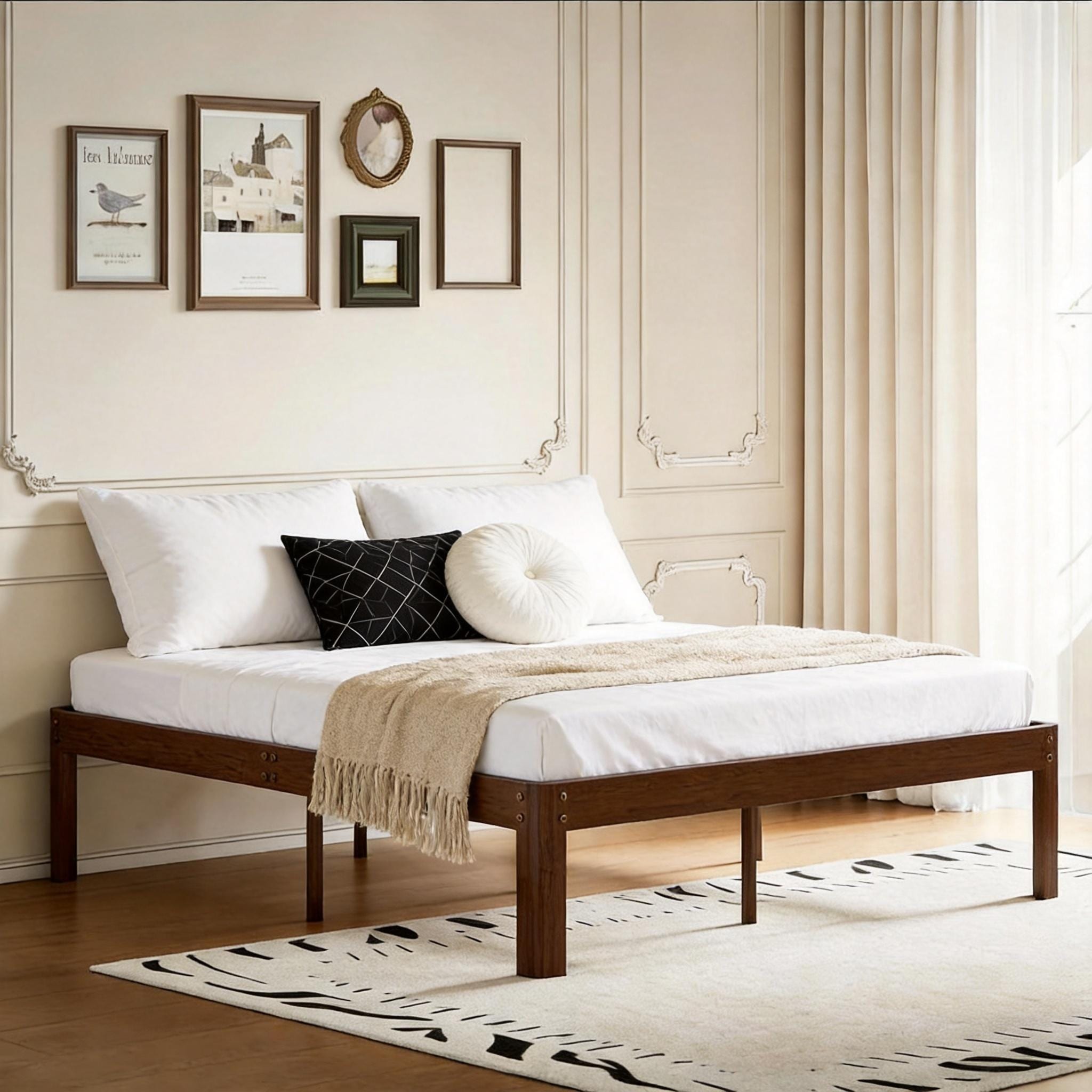 14 Inch Heavy Duty Bamboo Wood Platform Bed Frame With Metal Support Noise Free Design Natural Finish