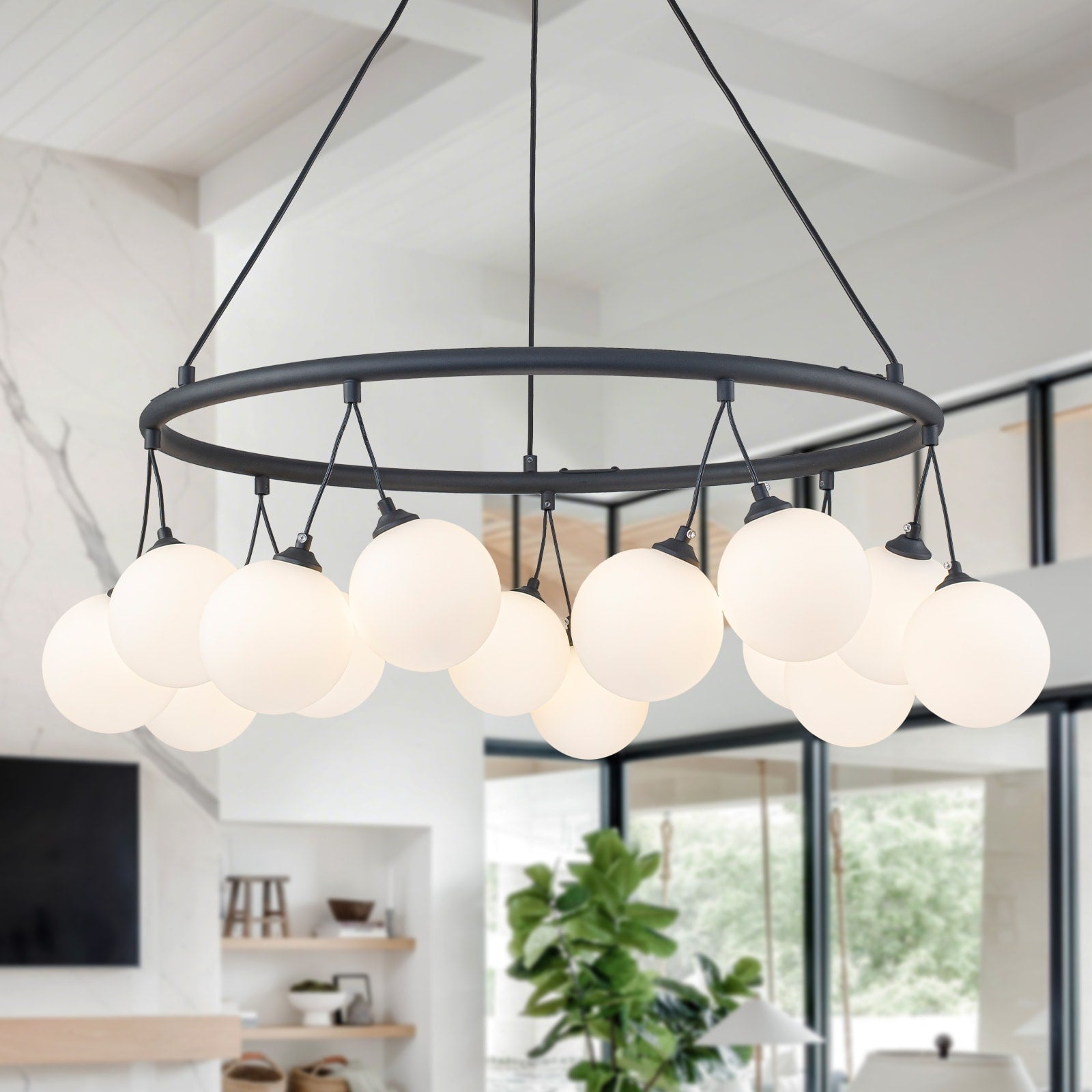 14 Light Black Ring Cluster Chandelier Frosted Milky White Glass Globe Dia.32.28 In