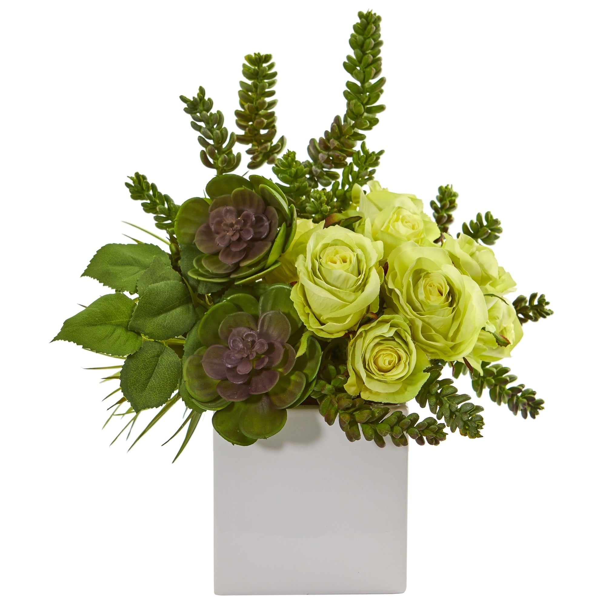 14 Rose Succulent Artificial Arrangement In White Vase