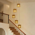 14 In. Modern Gold Long Luxury Chandelier 5 Light Modern Glass Cube Pendant Light For Foyer Enterway