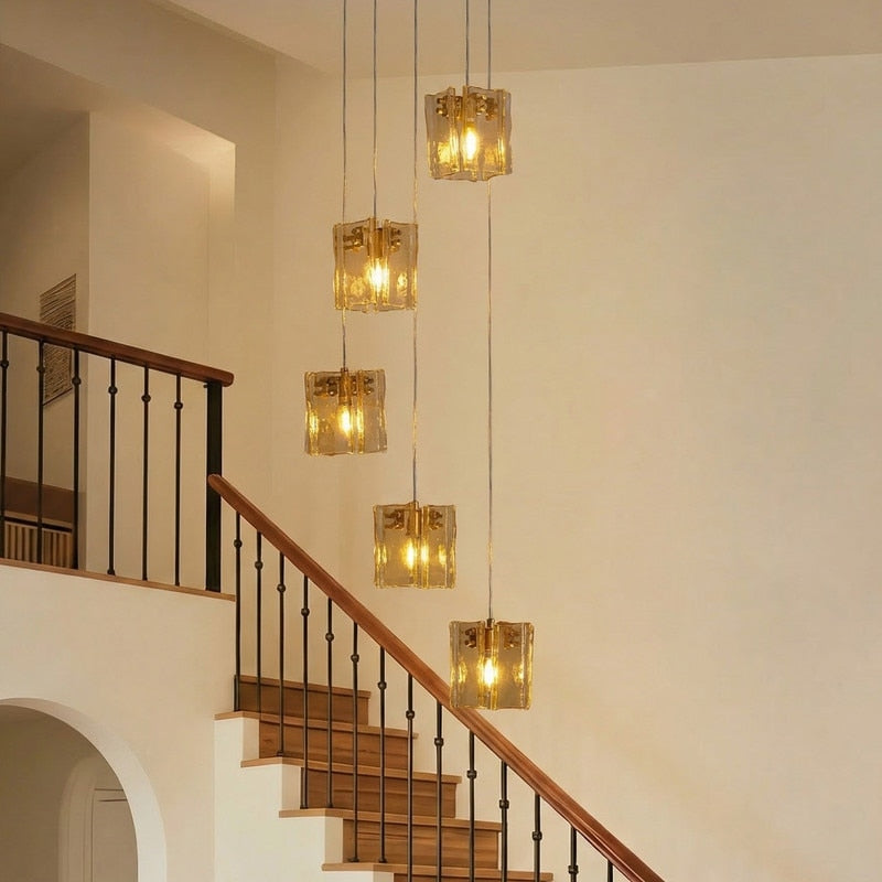 14 In. Modern Gold Long Luxury Chandelier 5 Light Modern Glass Cube Pendant Light For Foyer Enterway