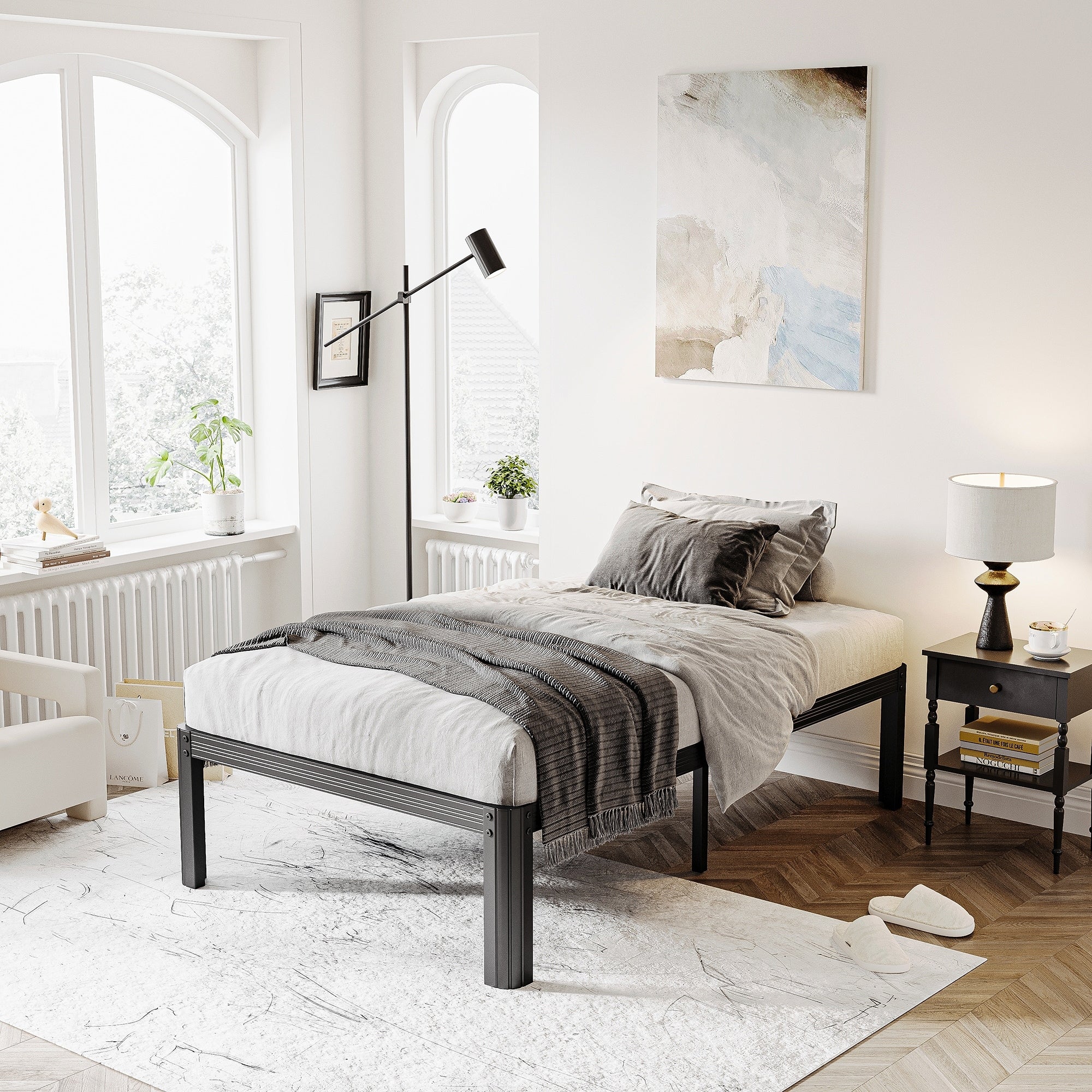14 Inch Industrial Style Black Metal Bed Frame Box Spring No Needed