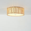 14.2 Rustic Boho Wooden Strips Cylindrical Drum Shade Led Flush Mount Ceiling Light For Living Room