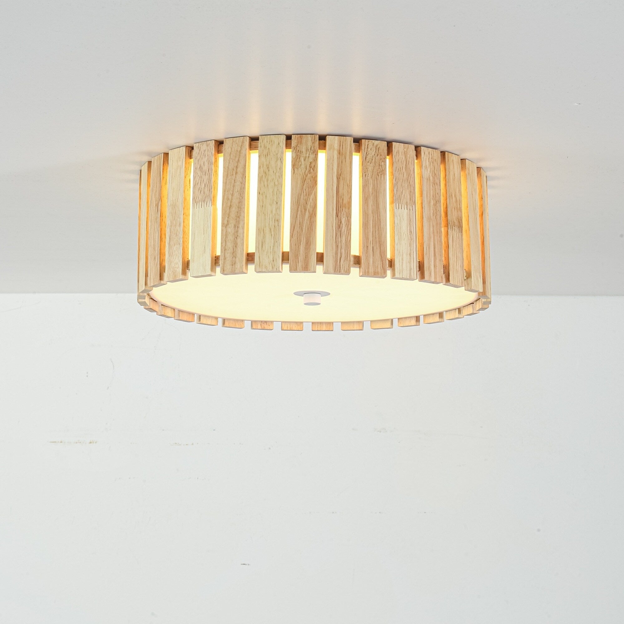 14.2 Rustic Boho Wooden Strips Cylindrical Drum Shade Led Flush Mount Ceiling Light For Living Room