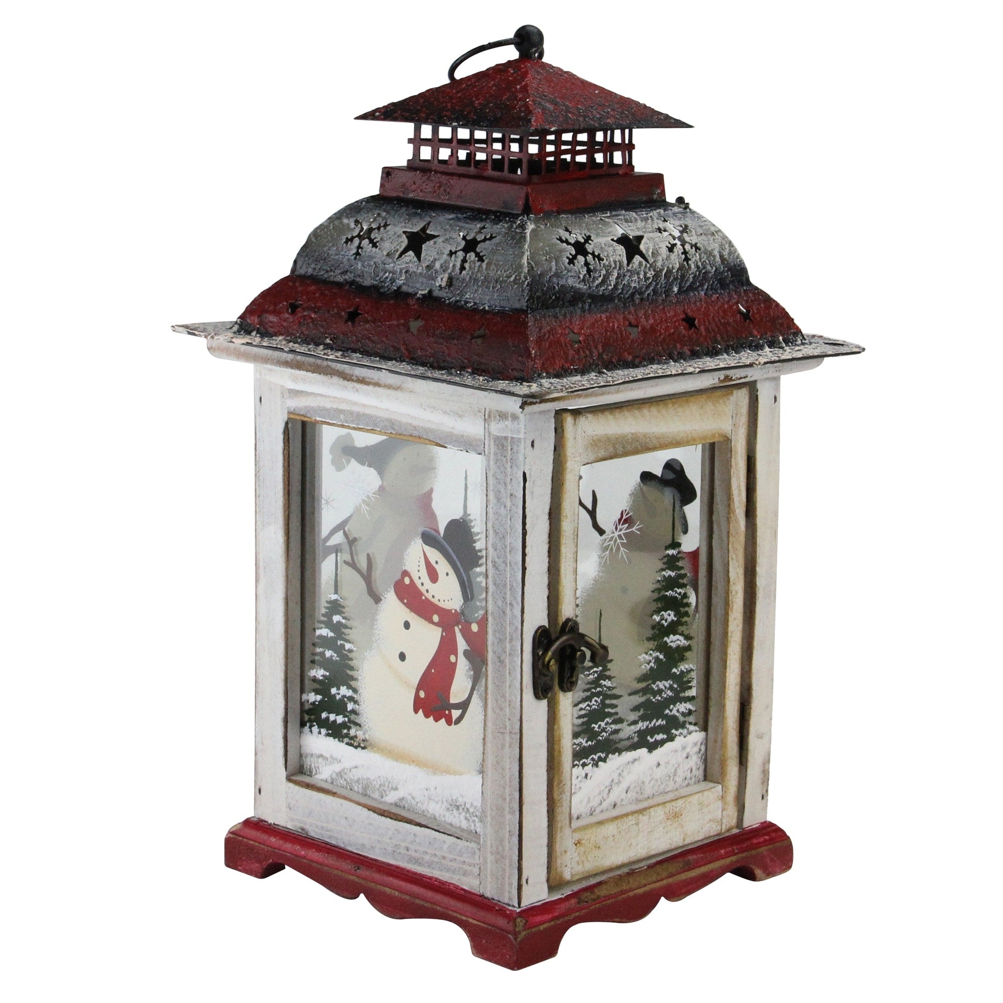 14.5 Snowman Holiday Scene Christmas Pillar Candle Lantern White
