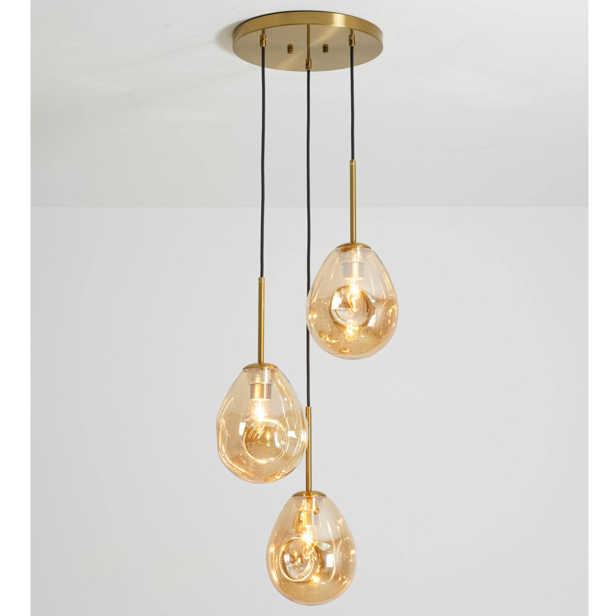 14.96 W Mid Century Modern Teardrop Cluster Electroplated Antique Brass 3 Light Pendant Light With Amber Pebble Textured Glass