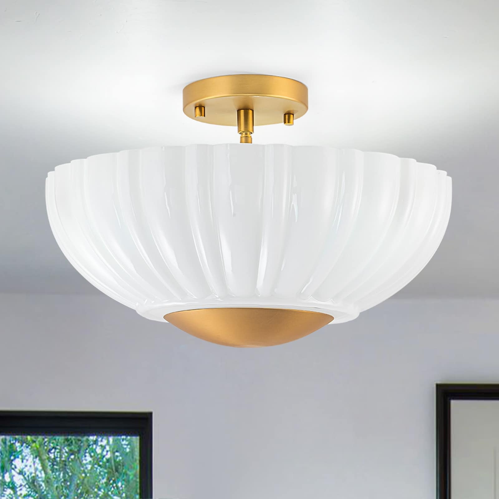 14.96 Vintage Semi Flush Mount Ceiling Light With Milk Glass 4 Light Gold Modern Ceiling Light 15