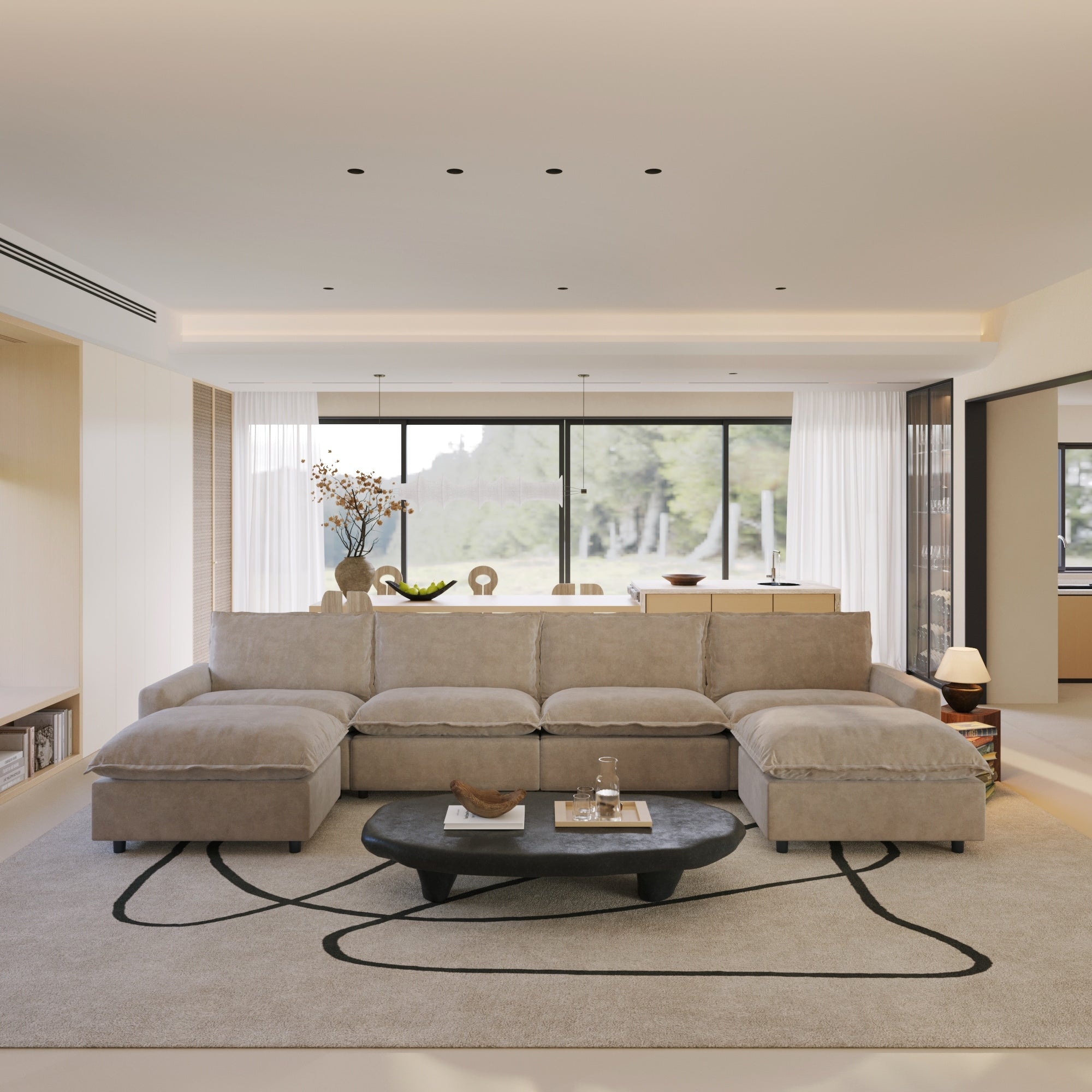 140.16 In. Electric Modular Recline Sectional Sofa Square Arm Linen 4 Pieces Sofa With 2 Ottomans Heating