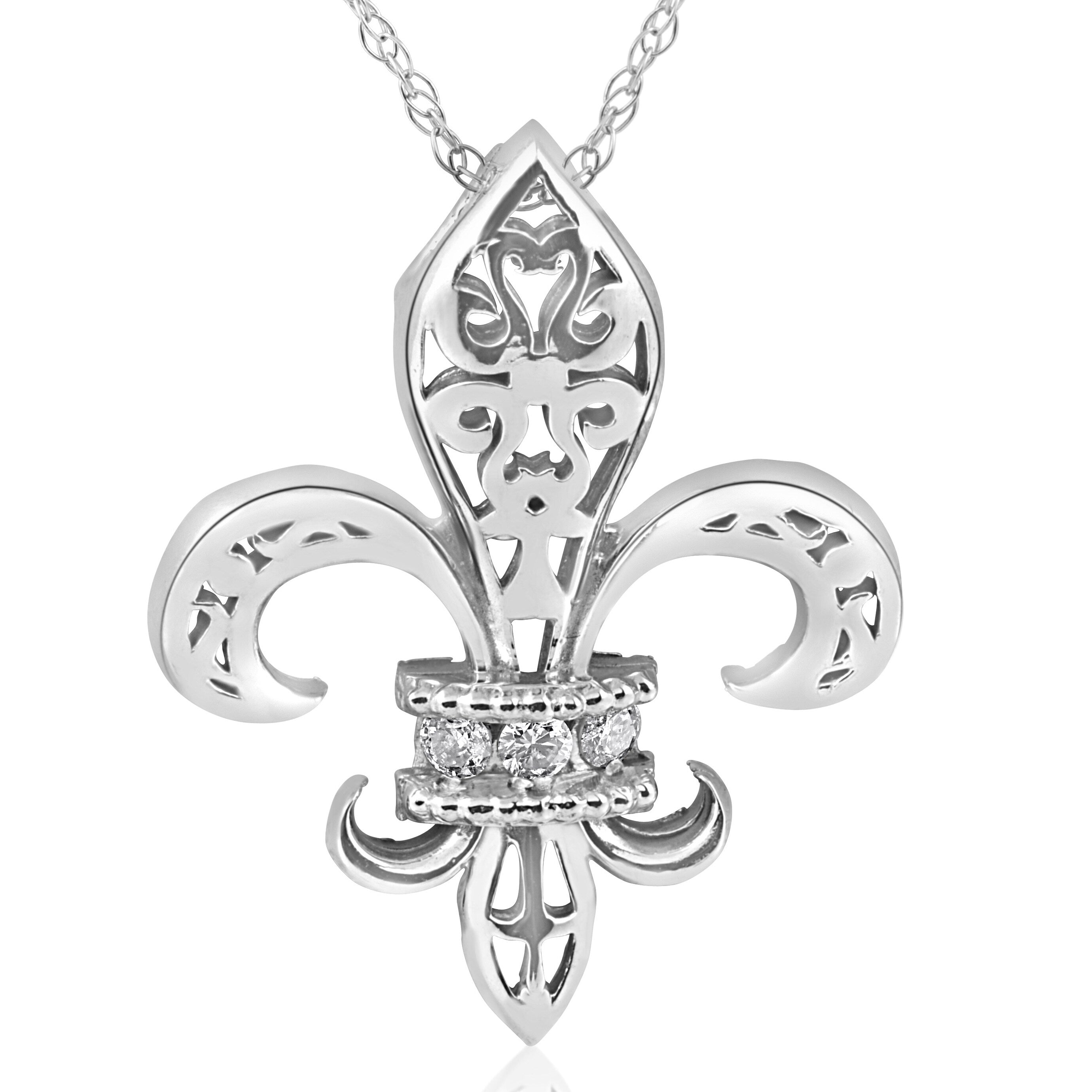 14K White Gold 1 10 Ct Tdw Vintage Fleur De Lis Pendant 1 Tall I J I2 I3