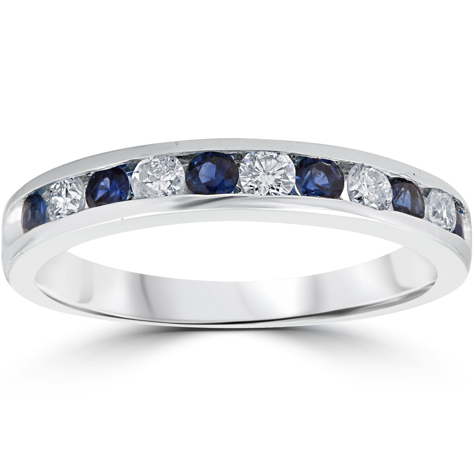 14K White Gold 1 2 Ct Tw Blue Sapphire Diamond Channel Set Wedding Stackable Ring