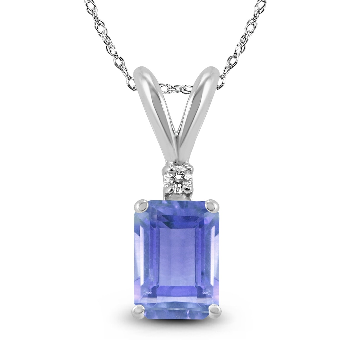 14K White Gold 6X4Mm Emerald Shaped Tanzanite And Diamond Pendant