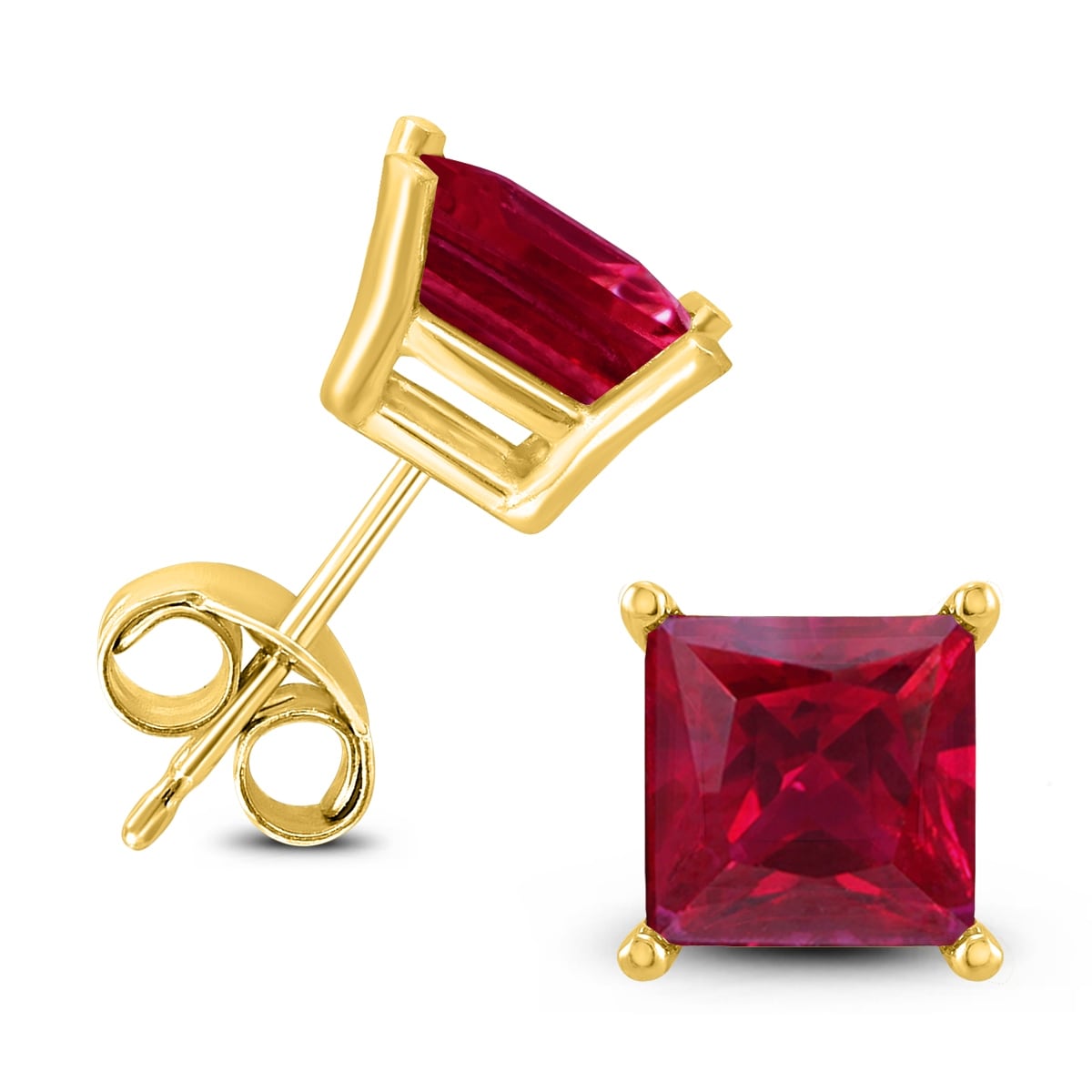 14K Yellow Gold 4Mm Square Ruby Earrings