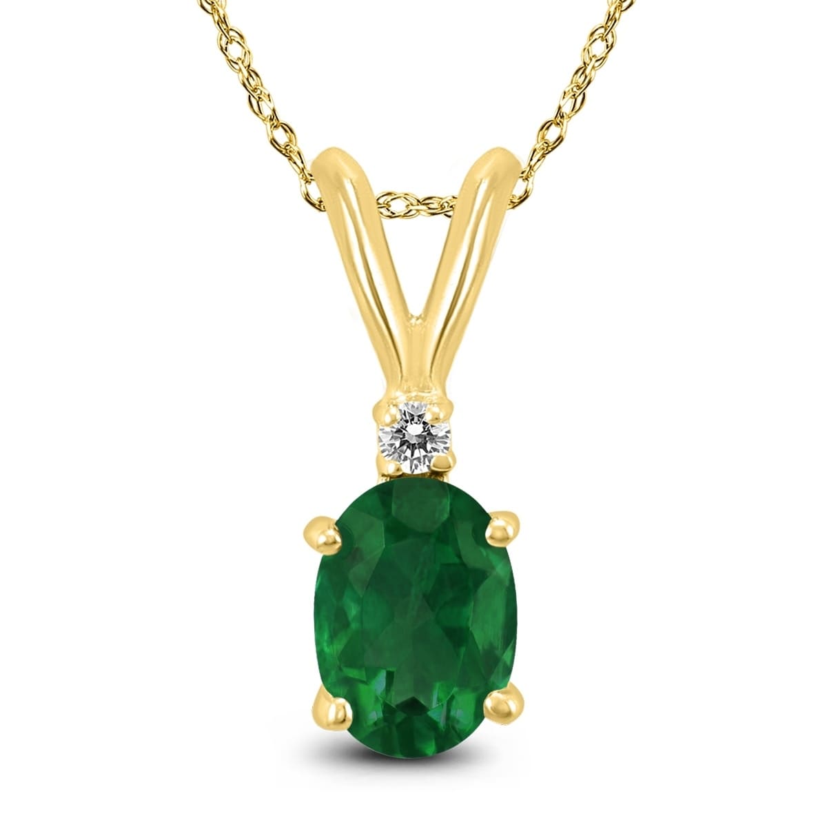 14K Yellow Gold 6X4Mm Oval Emerald And Diamond Pendant