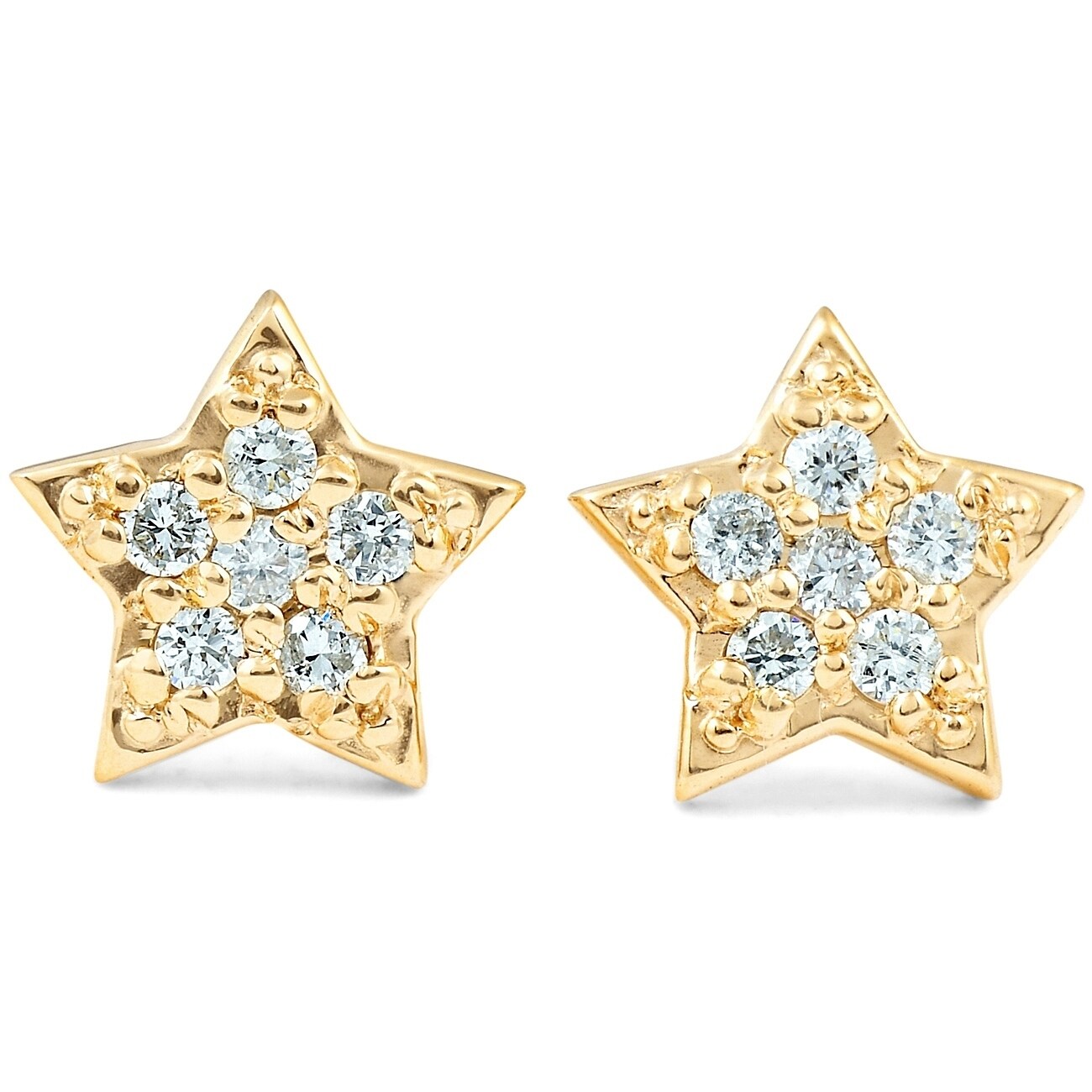 14K Yellow Gold Diamond Pave Petite Star Studs Dainty High Polished 6.5Mm