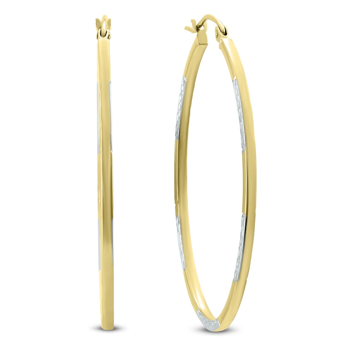 Marquee Jewels 14K Yellow Gold Two Toned Hoop Earrings With Diamond Cut Rhodium Accents 42Mm