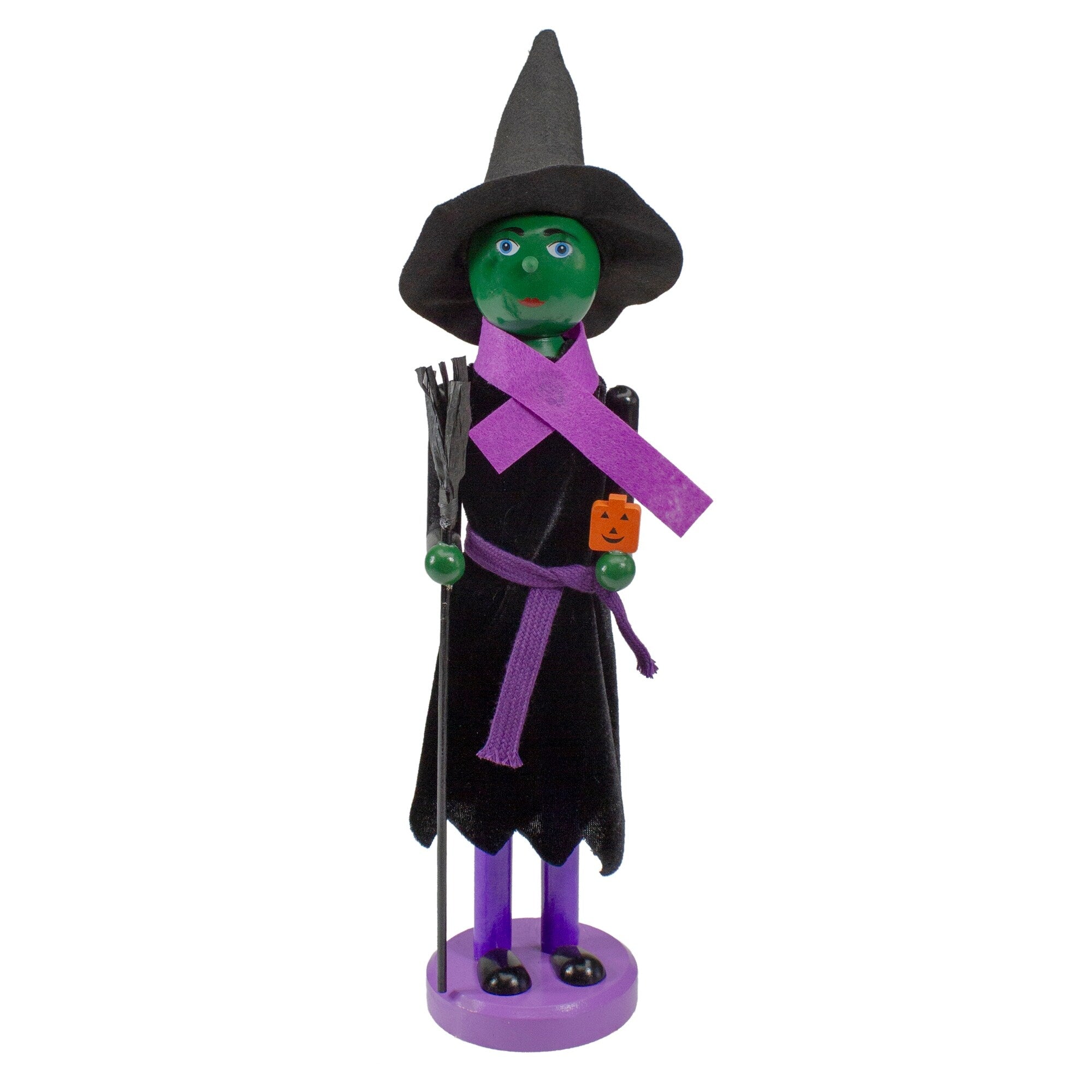 14 Green Witch Wooden Halloween Nutcracker Holding Broom And Jack O Lantern