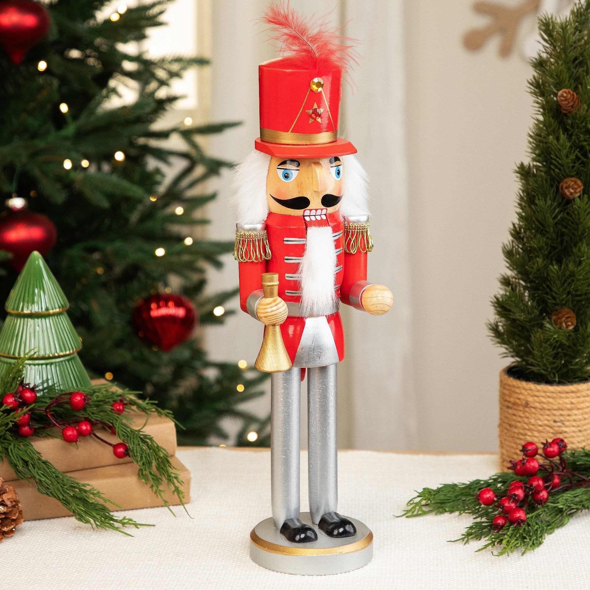 14 Red Silver And Gold Wooden Christmas Nutcracker With Horn