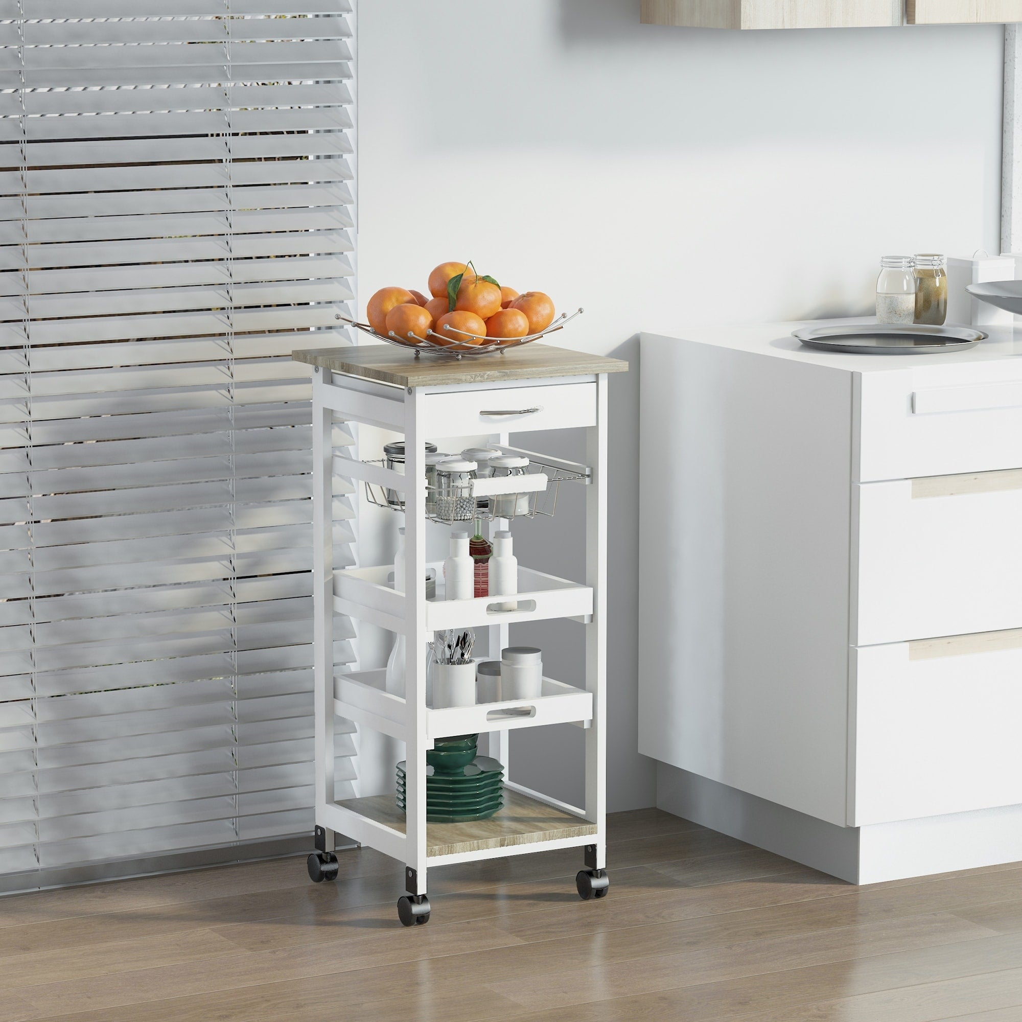 14 Rolling Kitchen Cart With Drawer 2 Baskets Small Mobile Kitchen Island With Wood Frame For Dining Room