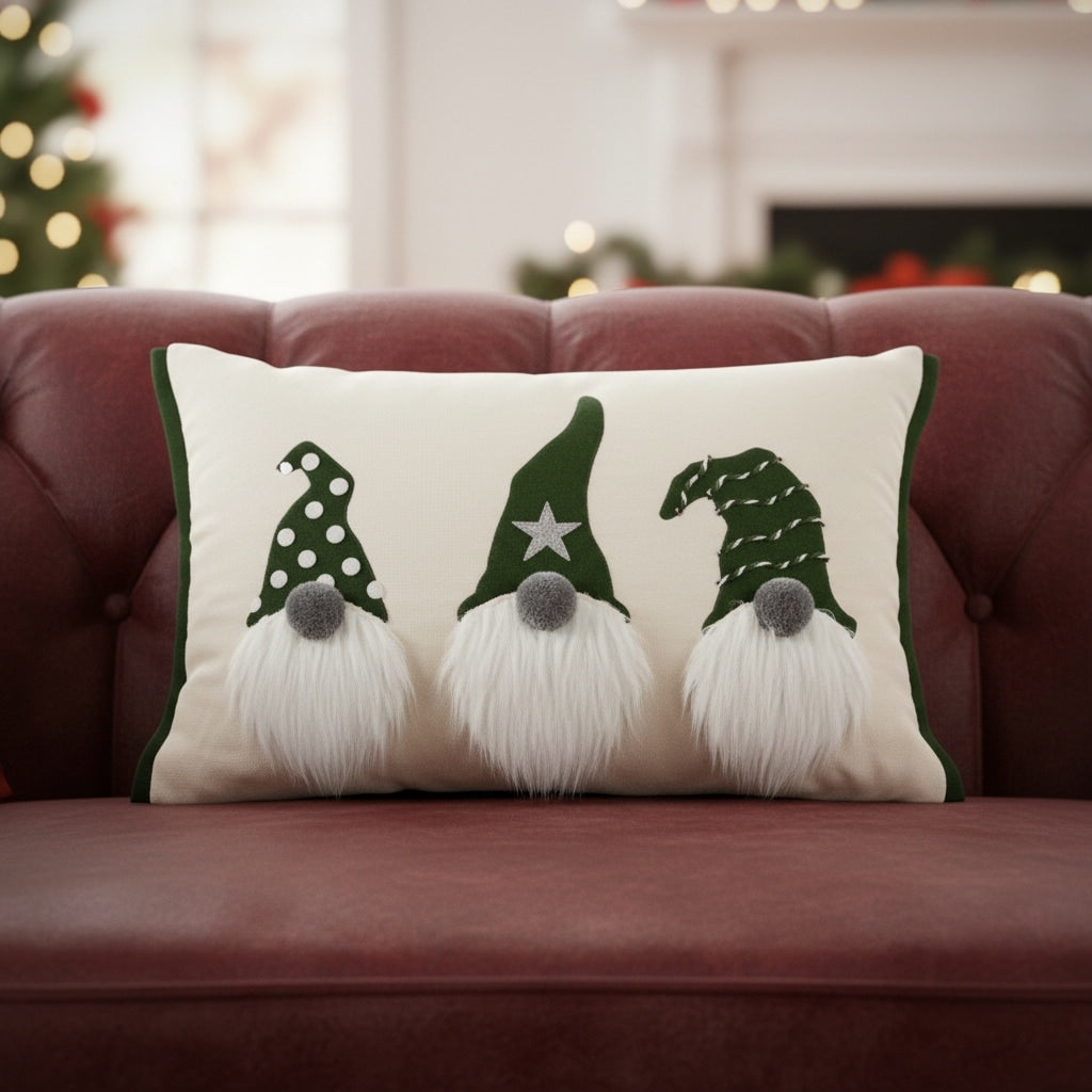 14 X 20 Green And Ivory Cotton Christmas Gnomes Throw Pillow With Embroidery