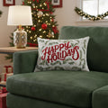 14 X 20 Ivory Red And Green Cotton Happy Holidays Throw Pillow With Embroidery