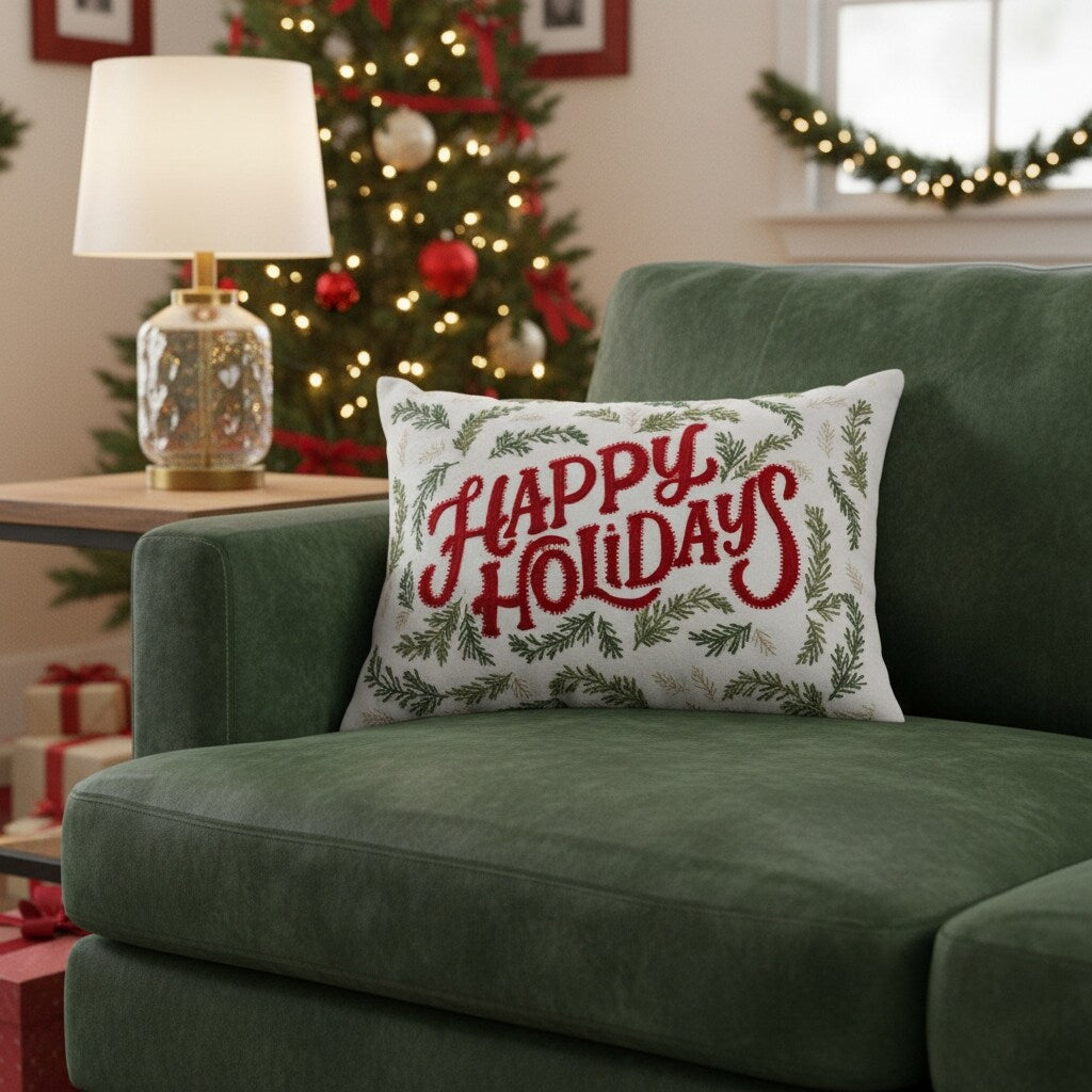 14 X 20 Ivory Red And Green Cotton Happy Holidays Throw Pillow With Embroidery