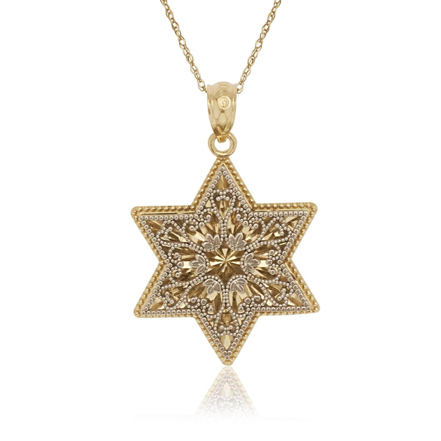 14K Gold 16 Inch Two Tone Diamond Cut Dimensional Filigree Star Of David Pendant Necklace Orange