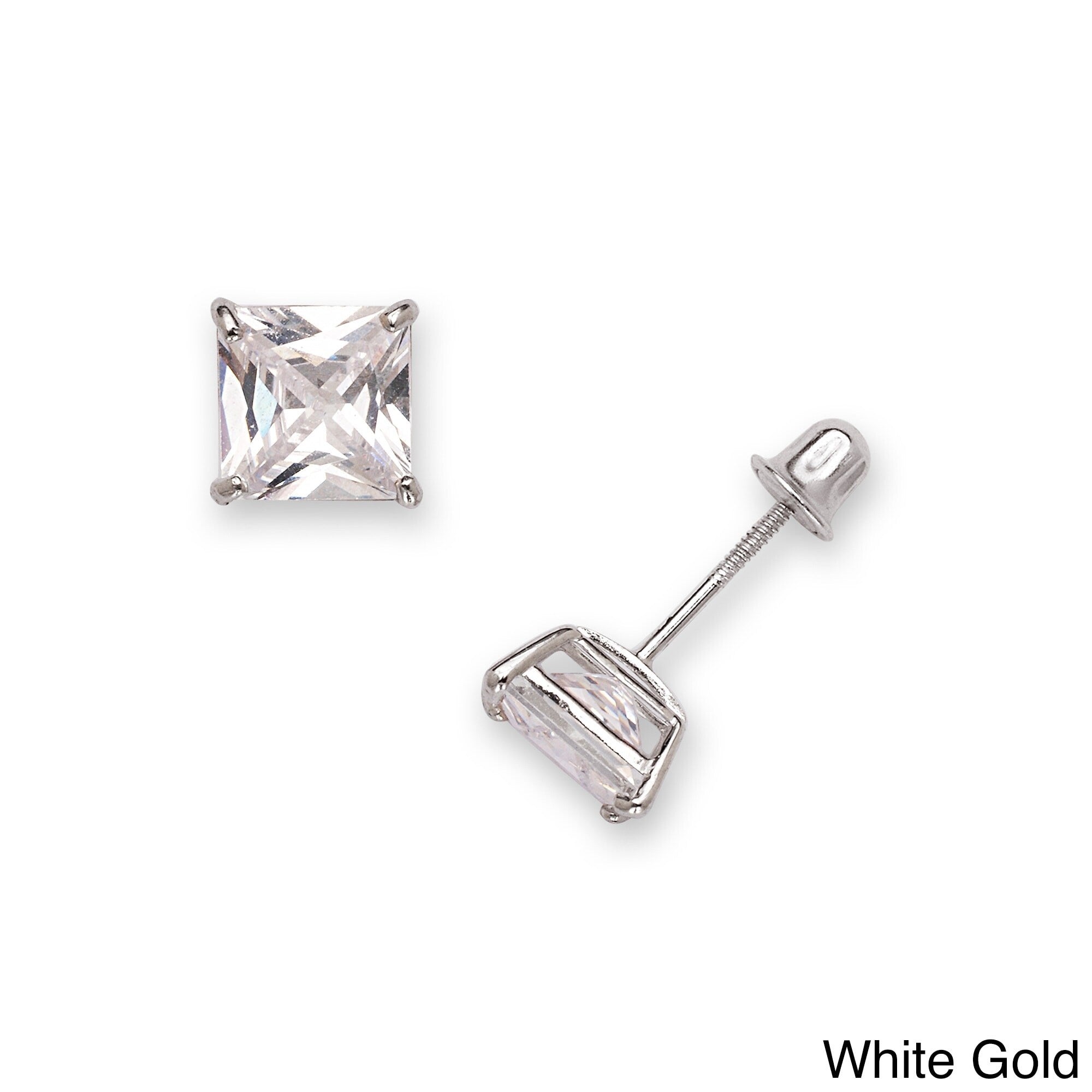14K Gold 6 Mm Princess Cut Cubic Zirconia Screwback Stud Earrings