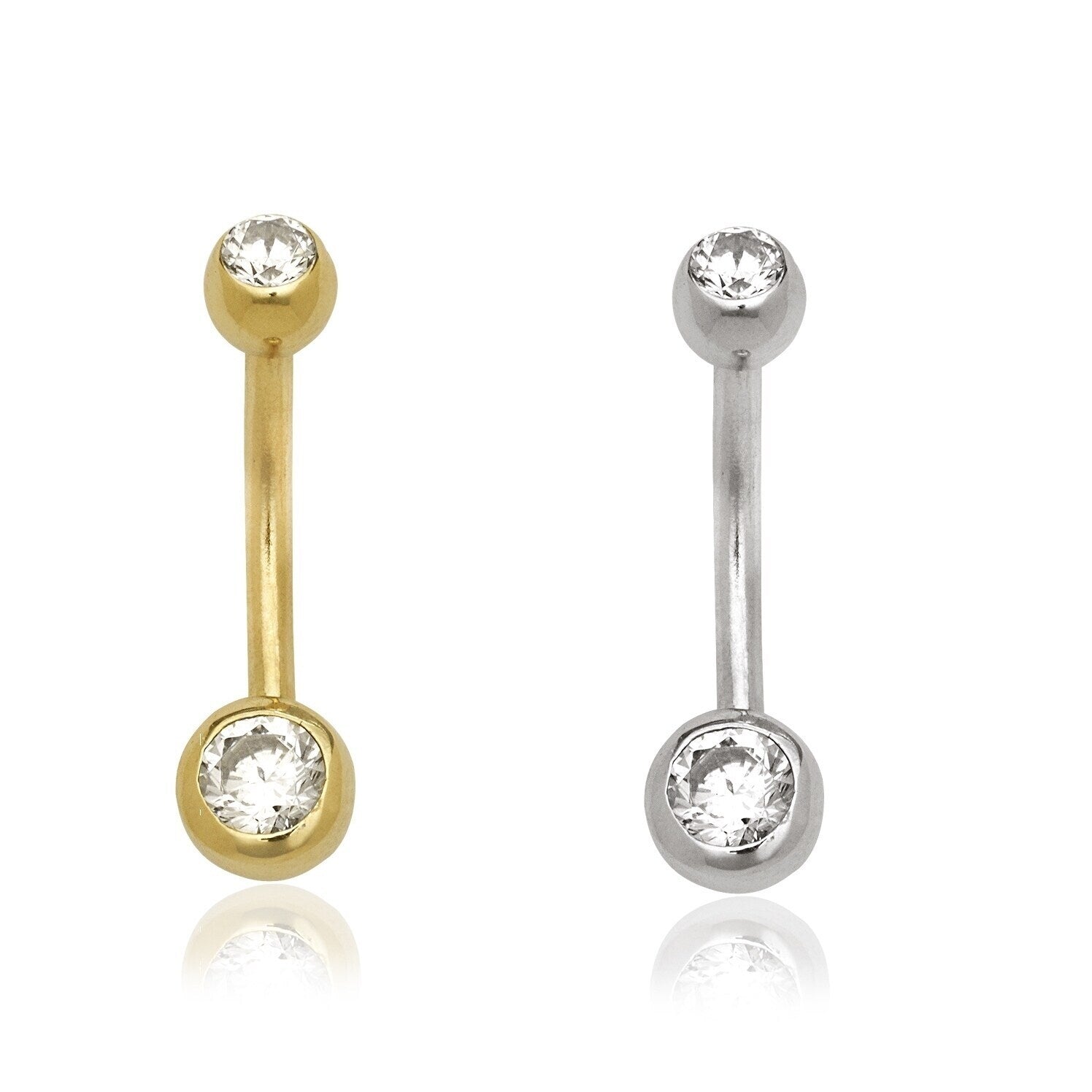 14K Gold Double Cubic Zirconia Bezel Set Belly Navel Ring 14 Gauge White