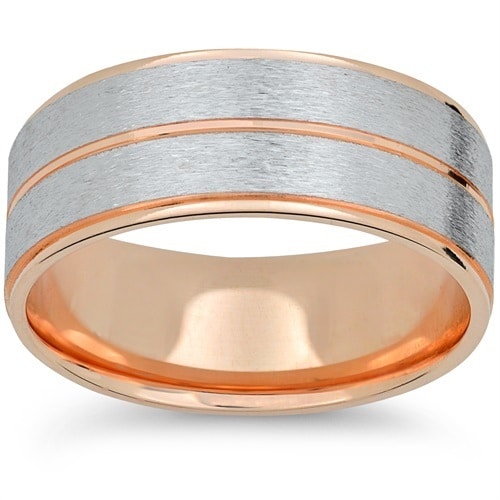 14K Rose White Gold Two Tone Brushed 6Mm Mens Brushed Wedding Band