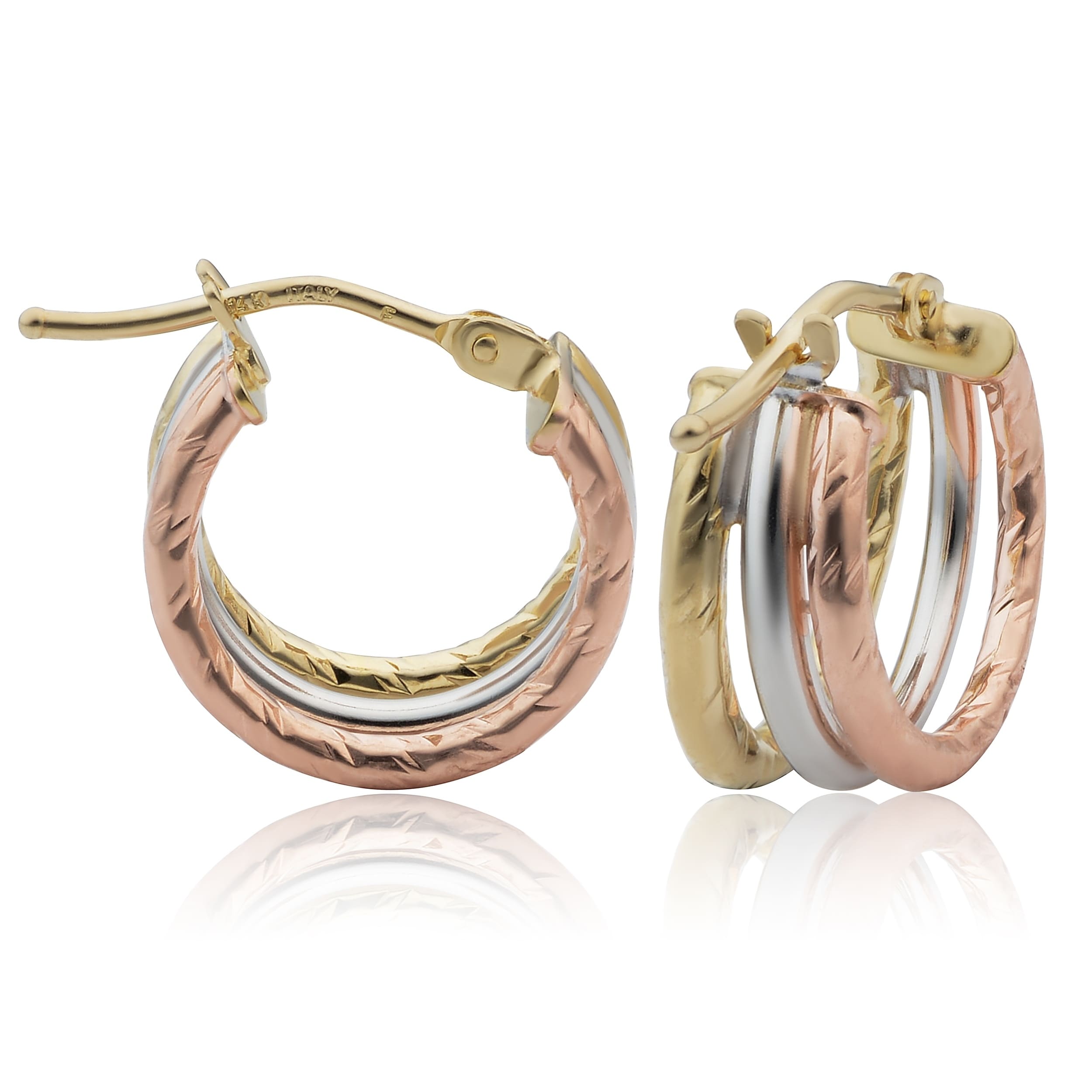 14K Tricolor Gold 1.5X10 Millimeter Diamond Cut Polished Triple Hoop Earrings