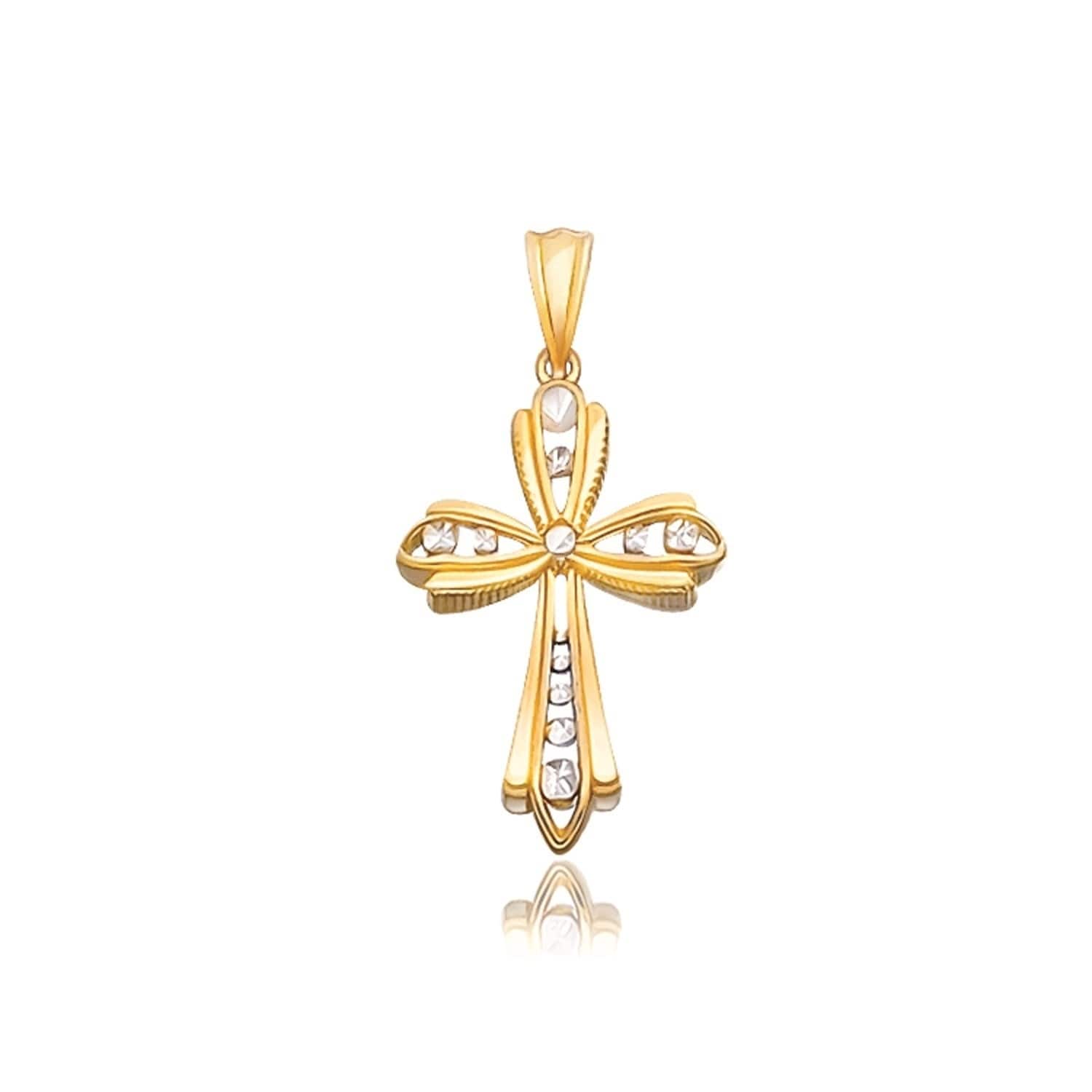 14K Two Tone Gold Fancy Cross Pendant With Diamond Cuts
