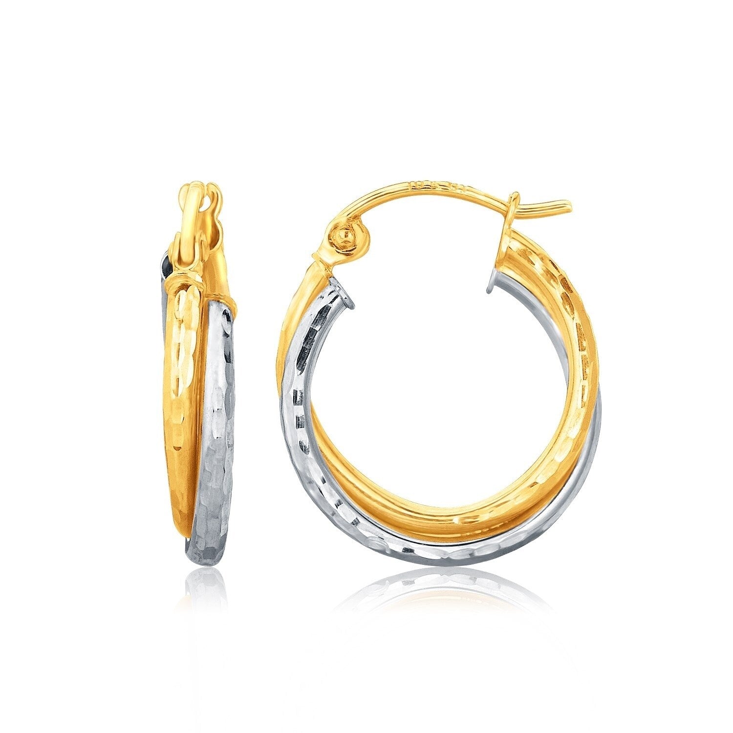 14K Two Tone Gold Interlaced Hoop Earrings With Hammered Texture