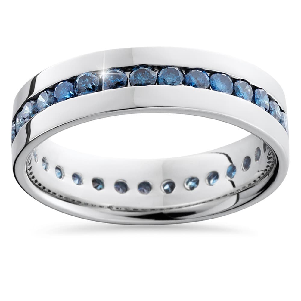 14K White Gold 1 1 4Ct Channel Set Blue Diamond Mens Band