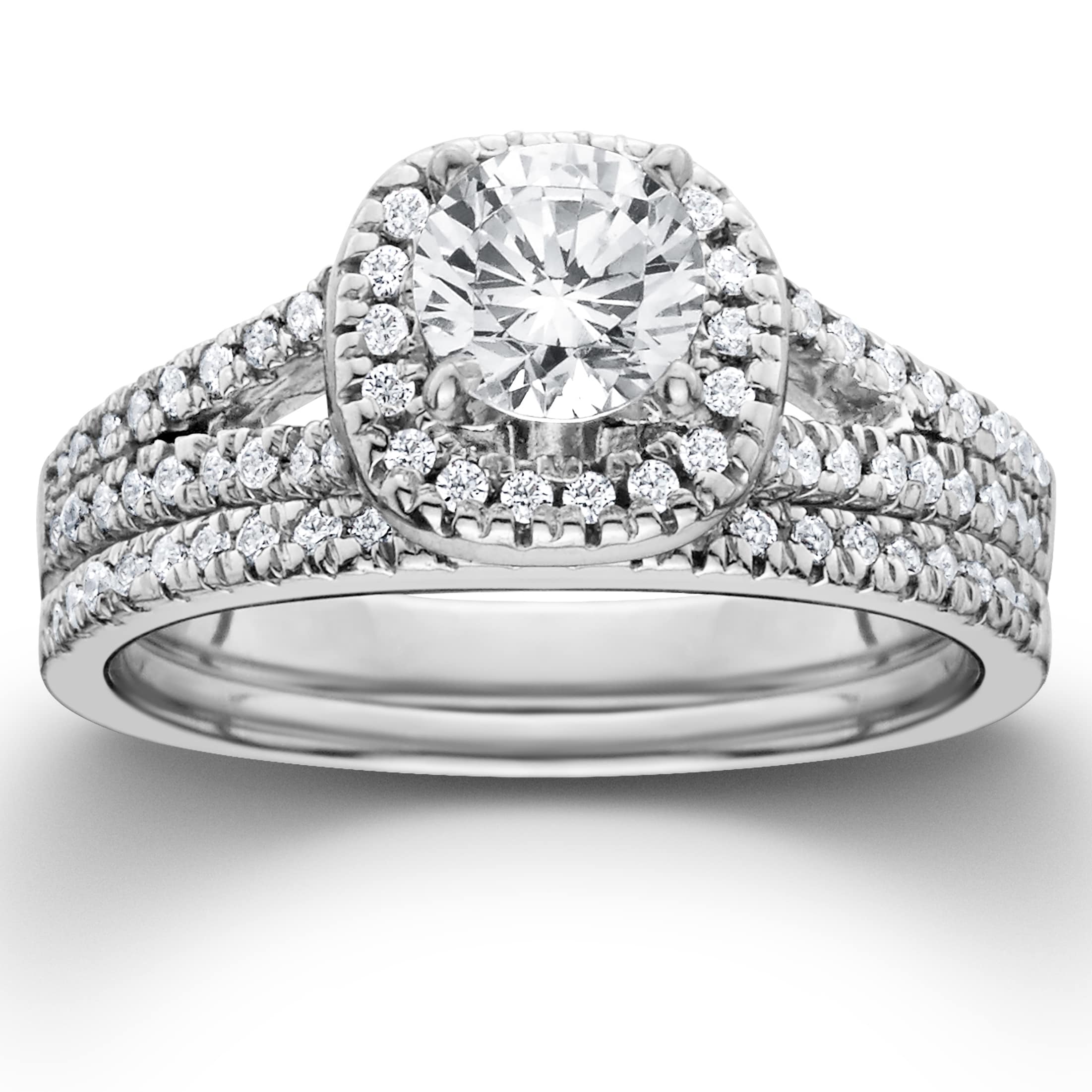14K White Gold 1Ct Tdw Diamond Halo Engagement Wedding Ring Set